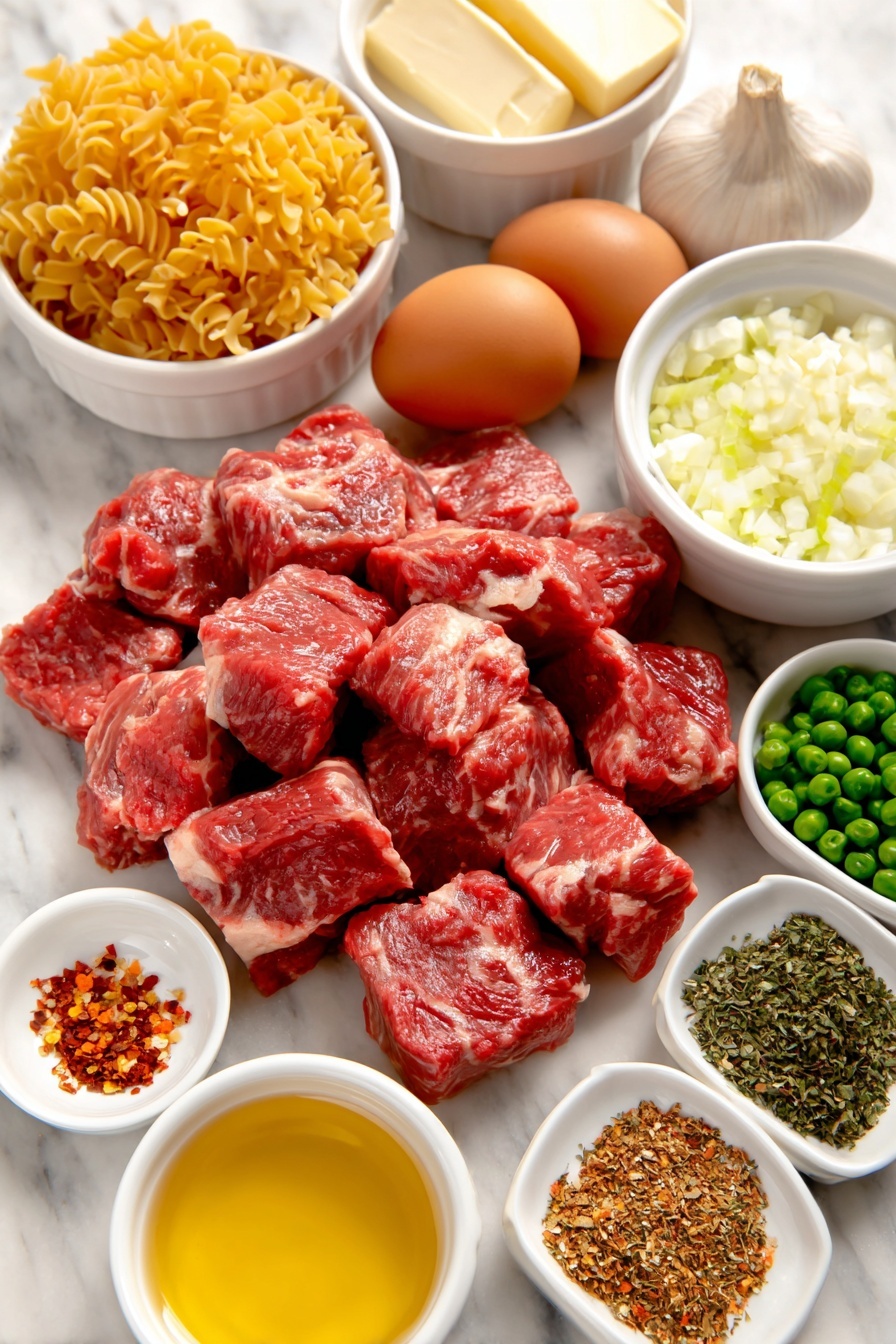 Flat lay of a small pile of fresh top sirloin steak cubes, a few whole brown eggs with clean shells, a small bowl of bright orange chopped carrots, a small bowl of pale green chopped celery ribs, a small bowl of finely chopped white onion, several peeled garlic cloves, a few dried red pepper flakes scattered neatly, a small white bowl with a pat of unsalted butter, a small white bowl with golden olive oil, a small white bowl with vegetable oil, a small mound of yellow egg noodles, a small white bowl with white all-purpose flour, a small white bowl of fresh fire roasted diced tomatoes with juices, a small white bowl of frozen petite peas, a small bowl of half and half cream, a small white bowl of light golden cornstarch powder, a few sprigs of fresh parsley, and small white bowls containing dried parsley flakes, dried oregano, dried thyme, and paprika powders, all arranged symmetrically with perfect balance, placed on a clean white marble surface, soft natural light, photo taken with an iPhone, professional food photography style, fresh ingredients, white ceramic bowls, no bottles, no duplicates, no utensils, no packaging --ar 2:3 --v 7 --p m7354615311229779997