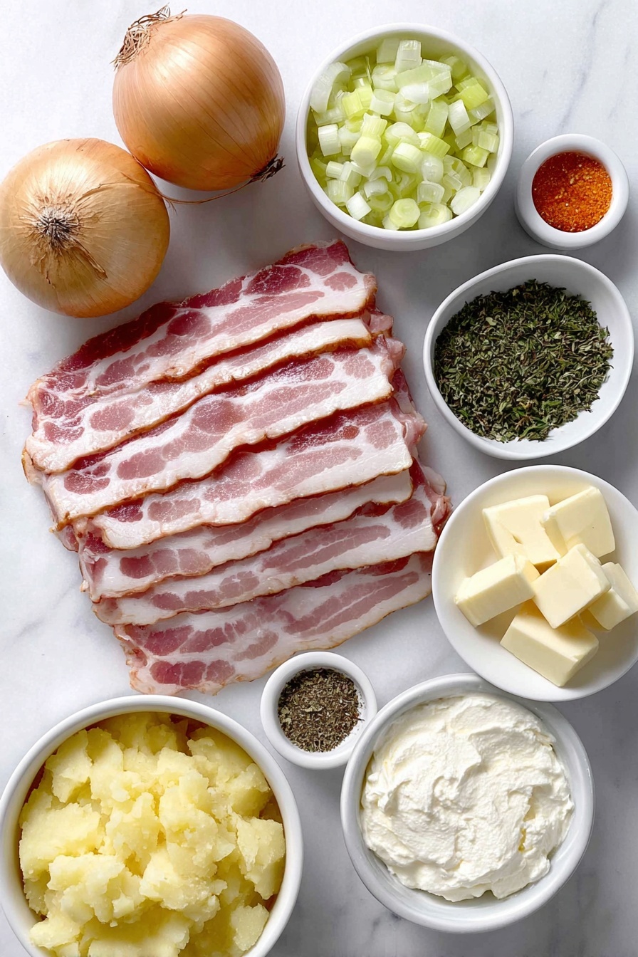 Flat lay of six slices of uncooked bacon cut into pieces, a small white ceramic bowl of unsalted butter chunks, one medium yellow onion whole and unpeeled, a small white ceramic bowl filled with chopped carrots, a small white ceramic bowl with chopped celery, four whole garlic cloves unpeeled, a small white ceramic bowl holding white all-purpose flour, a small white ceramic bowl of peeled and chopped Yukon gold potatoes, a small white ceramic bowl of chicken bouillon powder, a small white ceramic bowl containing dried parsley, a small white ceramic bowl with dried thyme, a small white ceramic bowl with dried oregano, a small white ceramic bowl of black pepper, a small white ceramic bowl of salt, a small white ceramic bowl of softened cream cheese placed on a clean white marble surface, soft natural light, photo taken with an iPhone, professional food photography style, fresh ingredients, white ceramic bowls, no bottles, no duplicates, no utensils, no packaging --ar 2:3 --v 7 --p m7354615311229779997