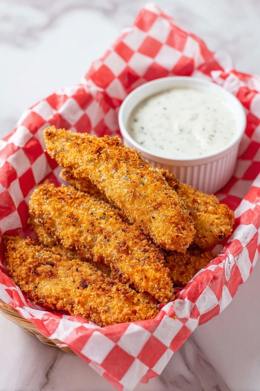 There is a white basket lined with red and white checkered paper. Inside the basket are five golden brown crispy coated strips stacked unevenly, showing a crunchy texture with small darker bits. To the upper right inside the basket, a small white ridged bowl holds a thick white creamy sauce with specks of herbs. The whole setup sits on a surface with white marbled texture. photo taken with an iphone --ar 2:3 --v 7