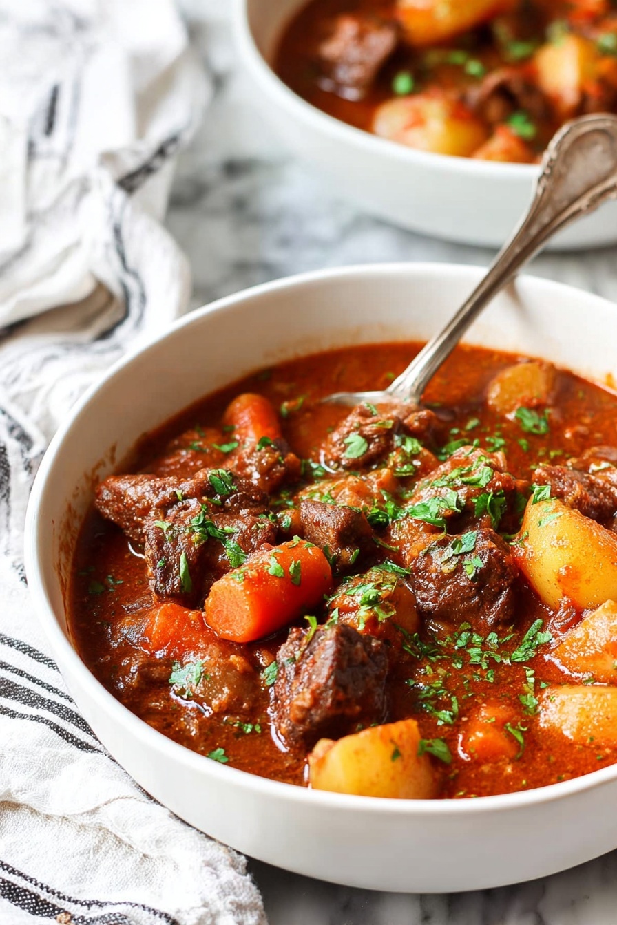 A woman’s hand holds a round white bowl with a thin brown rim filled with thick stew. The stew has chunks of browned meat, bright orange carrot slices, yellow potato pieces, and soft green celery, all in a rich brown sauce. The stew is sprinkled with fresh green herbs on top. A silver spoon rests inside the bowl near the upper left edge. The bowl sits on a white marbled surface with a gray knitted cloth under the woman’s hand. Photo taken with an iphone --ar 2:3 --v 7