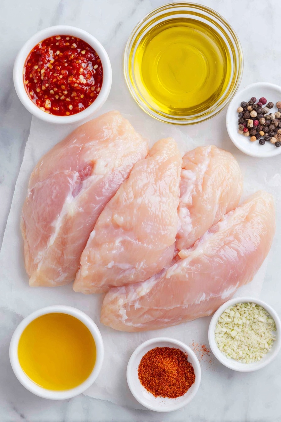 Flat lay of three raw chicken breasts pounded thin, a small white bowl of bright red hot sauce, a small white bowl of golden honey, a small white bowl with fresh lime juice, scattered dried garlic powder, chili powder, salt crystals, ground cumin, smoked paprika, onion powder, and whole black peppercorns arranged symmetrically around the bowls, two tablespoons of glossy olive oil in a small white bowl, placed on a clean white marble surface, soft natural light, photo taken with an iPhone, professional food photography style, fresh ingredients, white ceramic bowls, no bottles, no duplicates, no utensils, no packaging --ar 2:3 --v 7 --p m7354615311229779997