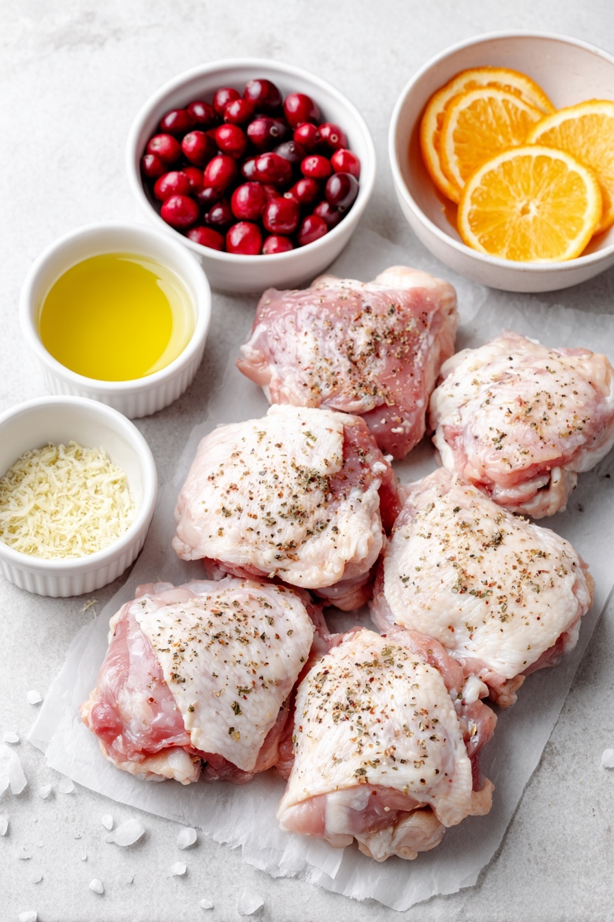 Flat lay of six raw boneless skinless chicken thighs seasoned with visible sprinkles of paprika and black pepper, a few whole kosher salt crystals scattered nearby, a small white ceramic bowl of extra virgin olive oil with a golden sheen, a handful of fresh bright red cranberries, a small white bowl filled with vibrant orange juice, a small white bowl holding rich amber maple syrup, a small white bowl with light brown sugar crystals, a few fresh orange slices arranged neatly, a small pile of finely grated orange zest, and a small mound of minced garlic cloves all placed on a clean white marble surface, soft natural light, photo taken with an iPhone, professional food photography style, fresh ingredients, white ceramic bowls, no bottles, no duplicates, no utensils, no packaging --ar 2:3 --v 7 --p m7354615311229779997