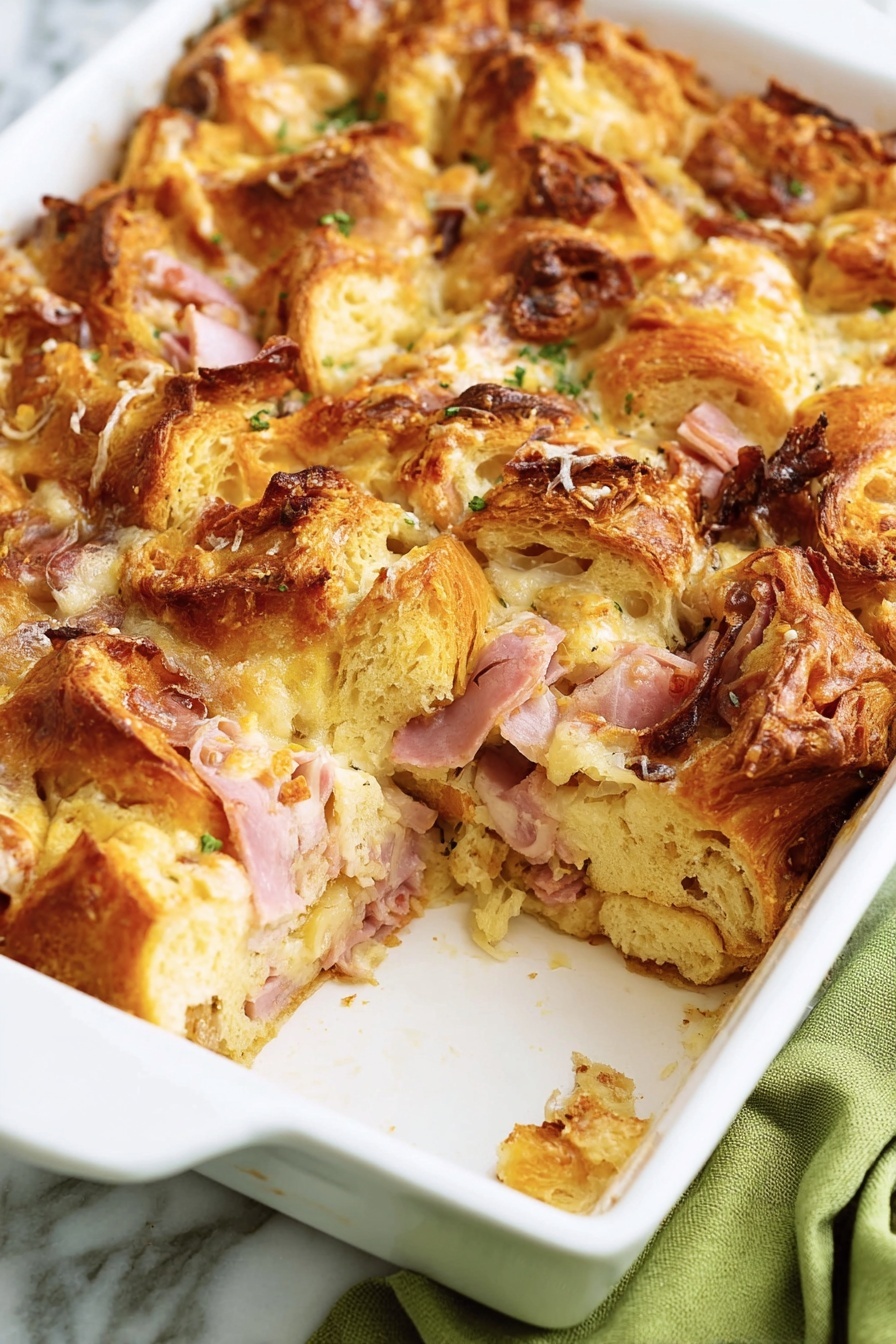 The image shows a close-up of a flaky, golden-brown pastry with several layers of light, crispy crust and a soft, fluffy inside. Inside the pastry, there are visible slices of pinkish meat and melted cheese giving a creamy texture. On top of the pastry, there is a thick layer of red jam with visible fruit bits. The pastry is dusted lightly with white powdered sugar. The dish is served on a white plate with some fresh green herbs placed beside it. The background is a white marbled surface with another plate and a jar blurred behind. Photo taken with an iphone --ar 2:3 --v 7