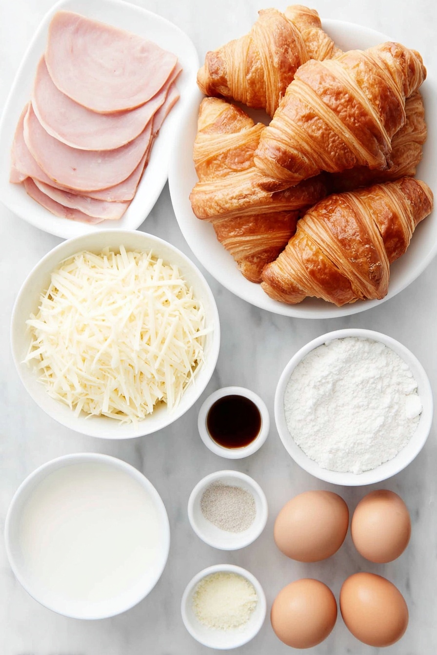 Flat lay of eight large golden croissants cut into cubes in a simple white ceramic bowl, thinly sliced pink Black Forest ham neatly arranged next to the croissants in a white bowl, a small white bowl filled with pale yellow shredded Swiss cheese, eight whole uncracked brown eggs, a small white bowl with creamy half and half, a small white bowl of amber maple syrup, a small white bowl containing fine white salt, another small white bowl with pale yellow mustard powder, a small white bowl with white garlic powder, a small white bowl of ground white pepper, a small white bowl of bright red raspberry jam, and a white ceramic plate dusted lightly with powdered sugar, all placed on a clean white marble surface, soft natural light, photo taken with an iPhone, professional food photography style, fresh ingredients, white ceramic bowls, no bottles, no duplicates, no utensils, no packaging --ar 2:3 --v 7 --p m7354615311229779997