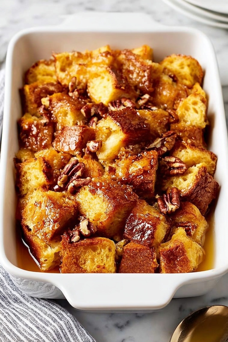 A white plate holds several thick, golden-brown pieces of bread pudding, layered unevenly with a soft, spongy texture visible inside. Scattered pecans rest on and around the pudding, adding a crunchy contrast. A woman's hand pours amber syrup from a small glass jar over the bread pudding, creating shiny, flowing streams that catch the light. The plate is placed on a white marbled surface, with a silver fork resting nearby and a white dish filled with more bread pudding in the background. photo taken with an iphone --ar 2:3 --v 7