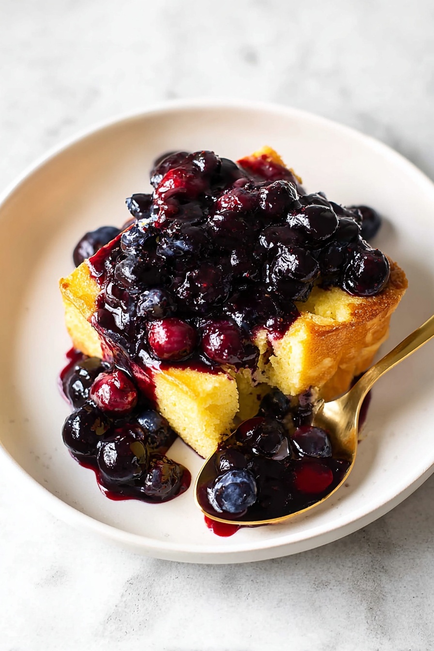A white baking dish filled with a baked dessert made of large, golden-brown cubes of soft bread layered with small, round, dark blueberries evenly scattered throughout. The bread cubes have a slightly toasted and shiny surface indicating a baked custard soaked texture, creating a mix of smooth and crunchy looks. A gold-colored serving spoon is lifting a portion of the dessert from the dish, showing the thick, moist texture of the bread and the juicy blueberries. The dish is set on a white marbled surface. photo taken with an iphone --ar 2:3 --v 7