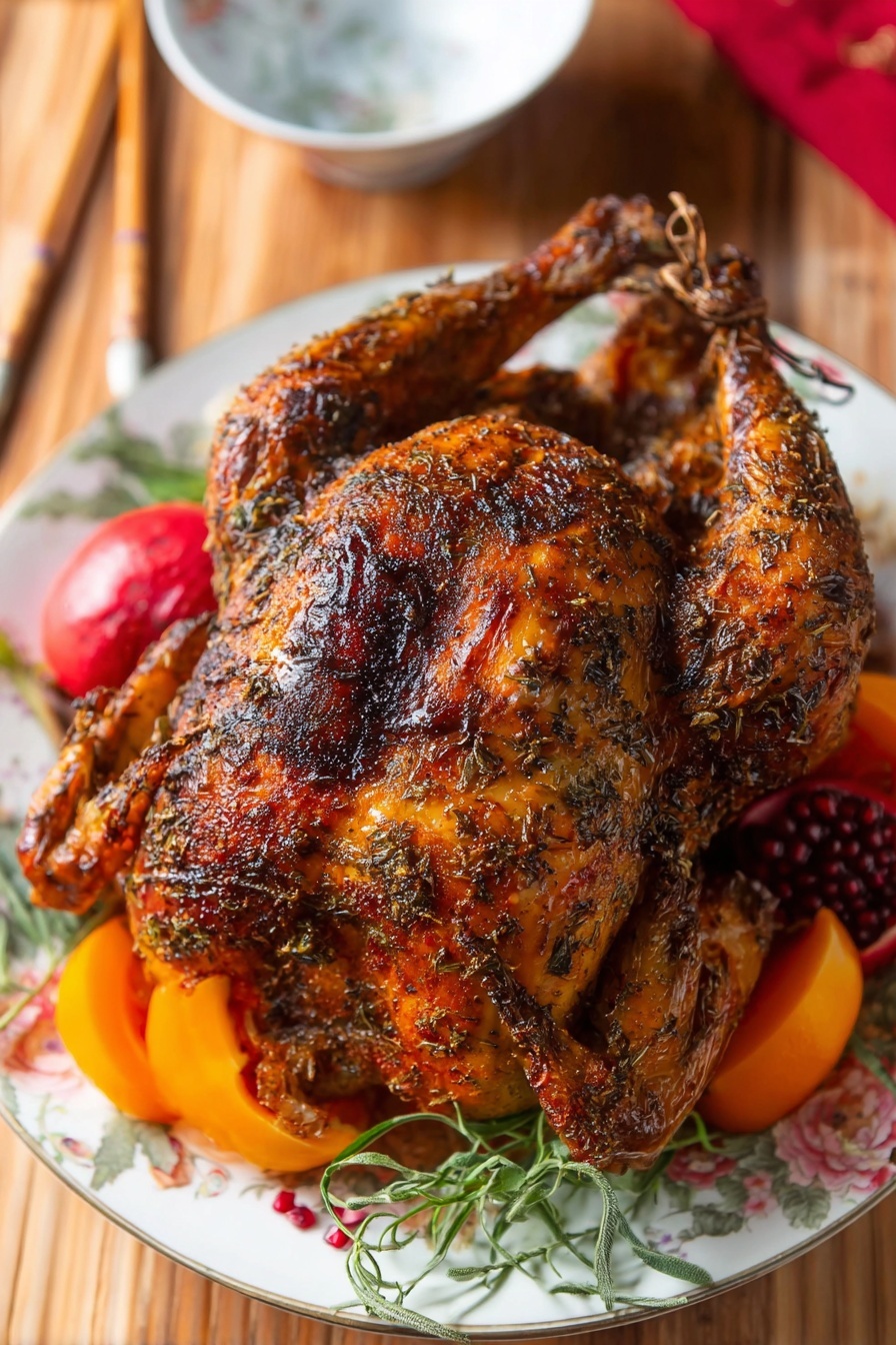 A whole roasted chicken with a deep golden brown and slightly charred skin covered with herbs and spices is placed in the center of a white plate with a delicate floral design. The chicken sits with its wings folded back and legs tied together at the front. Around the chicken, there are slices of bright orange and red fruits, likely persimmons and pomegranate, along with sprigs of fresh green herbs. The plate is on a wooden surface with chopsticks resting on a white bowl in the background. photo taken with an iphone --ar 2:3 --v 7