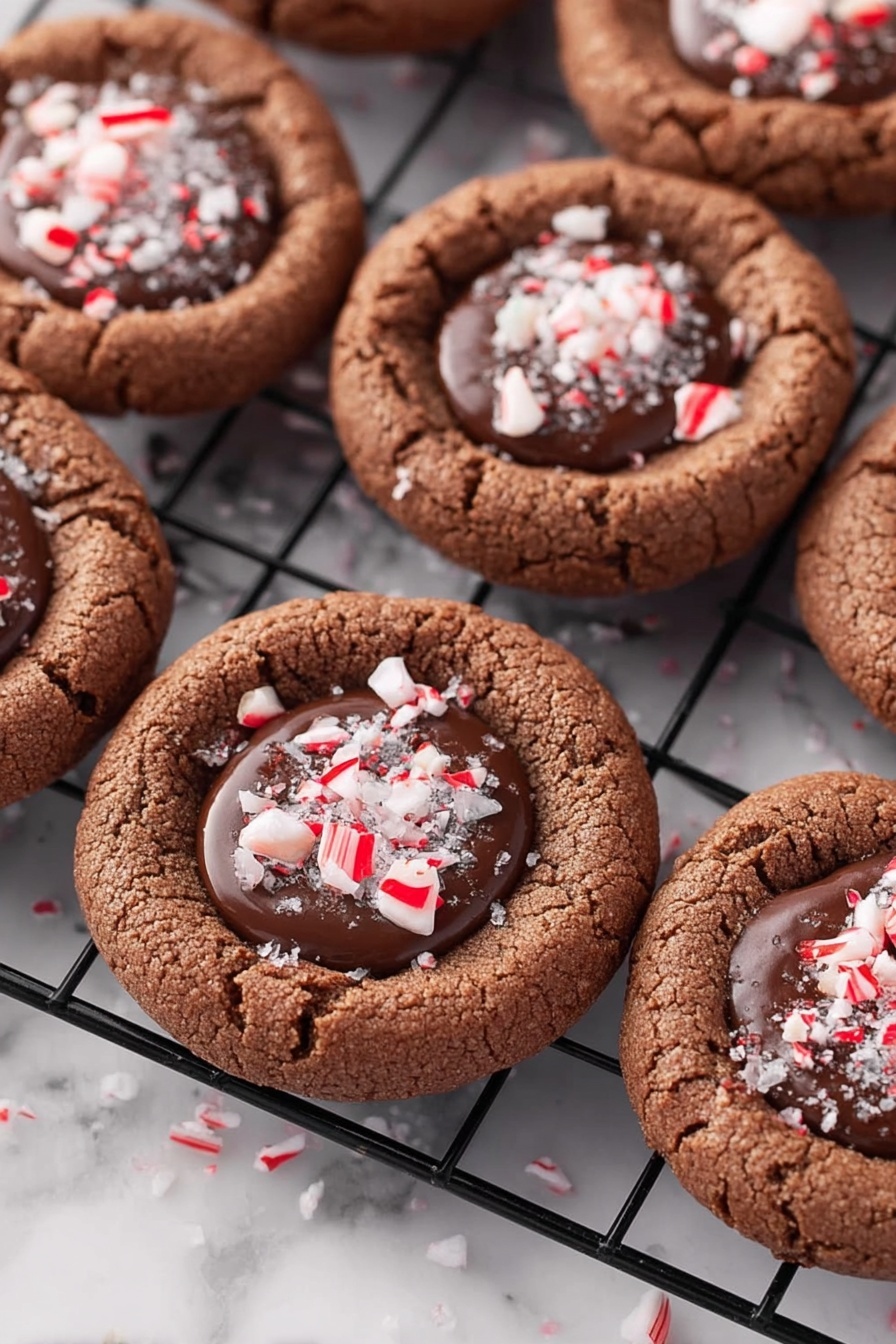 The image shows a close-up of seven round chocolate cookies arranged on a black cooling rack over a white marbled surface. Each cookie has two main layers: the outer layer is a slightly cracked, soft-looking brown chocolate cookie with a rough texture, and in the center is a smooth, glossy dark chocolate filling. The dark chocolate centers are topped unevenly with white and red crushed peppermint candy pieces that add a contrasting bright color and a crunchy texture. The cookies vary slightly in size and shape, giving a homemade feel. The photo taken with an iphone --ar 2:3 --v 7