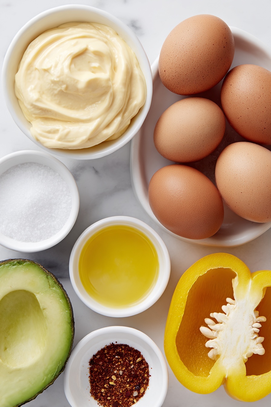 Flat lay of six whole uncracked large brown eggs, a small white ceramic bowl of smooth pale yellow mayonnaise, a small white bowl containing bright yellow Dijon mustard, a small white bowl with freshly squeezed lemon juice, half a ripe green avocado with creamy texture, a few pinches of coarse salt and cracked black pepper arranged artfully on the surface, a small white bowl filled with crushed red pepper flakes, and a large fresh yellow bell pepper with a few star-shaped pieces cut out, all arranged in perfect symmetry on a clean white marble surface, soft natural light, photo taken with an iPhone, professional food photography style, fresh ingredients, white ceramic bowls, no bottles, no duplicates, no utensils, no packaging --ar 2:3 --v 7 --p m7354615311229779997