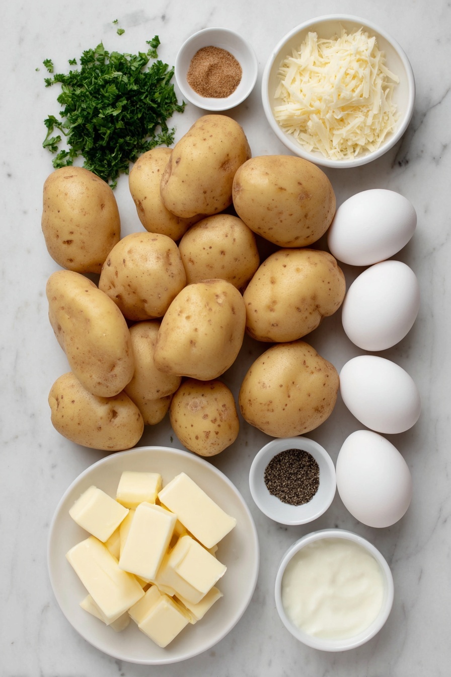 Flat lay of peeled and quartered Yukon gold potatoes, a few sprigs of chopped fresh parsley, four whole uncracked eggs with clean shells, a small mound of finely shredded Parmesan cheese, a small white bowl of salted butter cubes, a small white bowl with minced garlic cloves, a small white bowl of heavy cream, a small white bowl containing ground nutmeg, a small white bowl with kosher salt, a small white bowl with freshly ground black pepper placed in perfect symmetry, arranged on simple white ceramic bowls and plates, placed on a clean white marble surface, soft natural light, photo taken with an iPhone, professional food photography style, fresh ingredients, white ceramic bowls, no bottles, no duplicates, no utensils, no packaging --ar 2:3 --v 7 --p m7354615311229779997