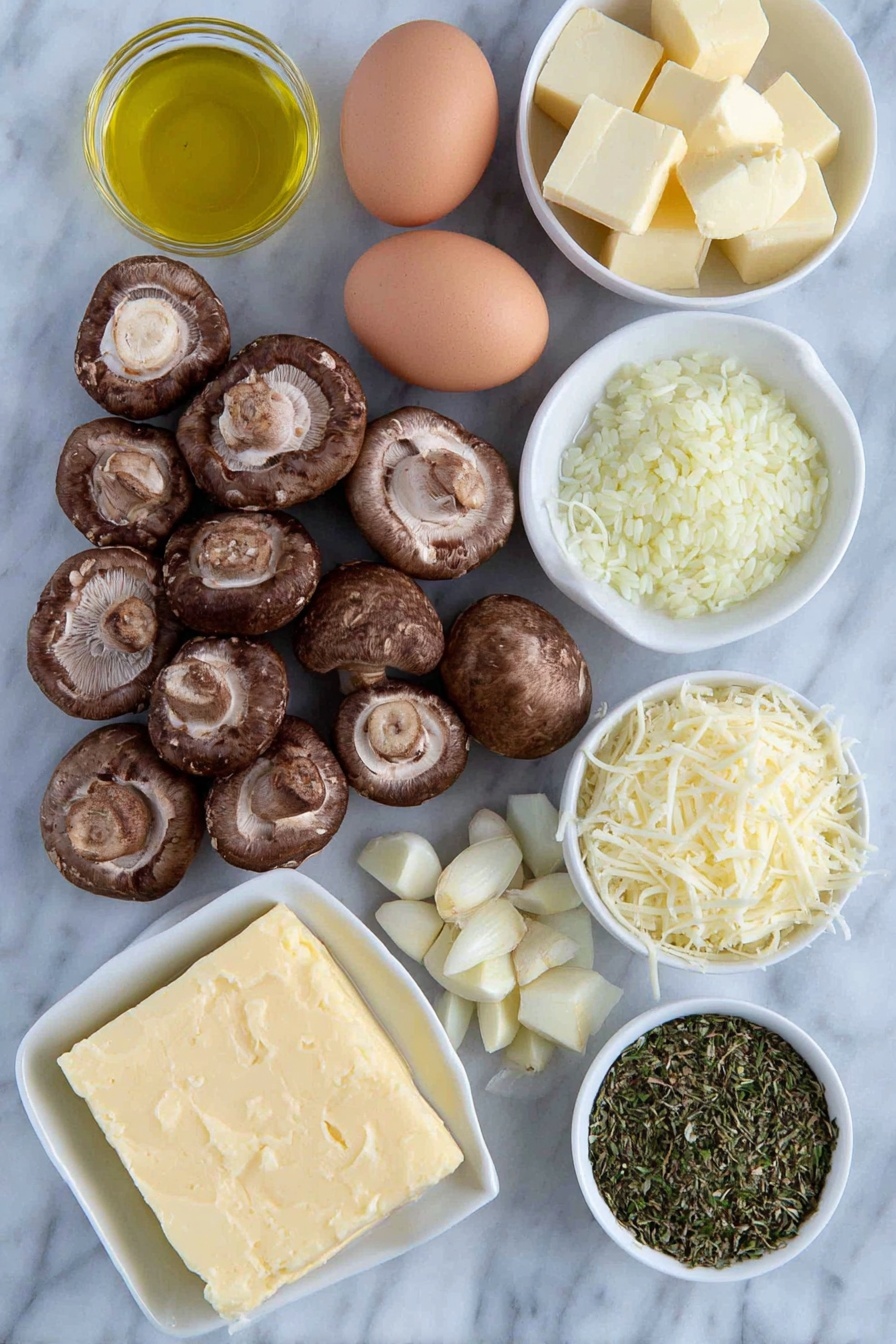 Flat lay of fresh whole cremini mushrooms sliced thinly, a few whole uncracked brown eggs, finely chopped shallots, a small mound of glossy Arborio rice grains, peeled garlic cloves next to minced garlic, a small white ceramic bowl of golden olive oil, a small white ceramic bowl of unsalted butter cubes, a small white ceramic bowl of richly shredded Parmesan cheese, a small white ceramic bowl with creamy heavy cream, a small white ceramic bowl of warm low sodium chicken broth, and a sprinkle of mixed dried herbs (parsley, basil, thyme) arranged neatly, all placed on a clean white marble surface, soft natural light, photo taken with an iPhone, professional food photography style, fresh ingredients, white ceramic bowls, no bottles, no duplicates, no utensils, no packaging --ar 2:3 --v 7 --p m7354615311229779997