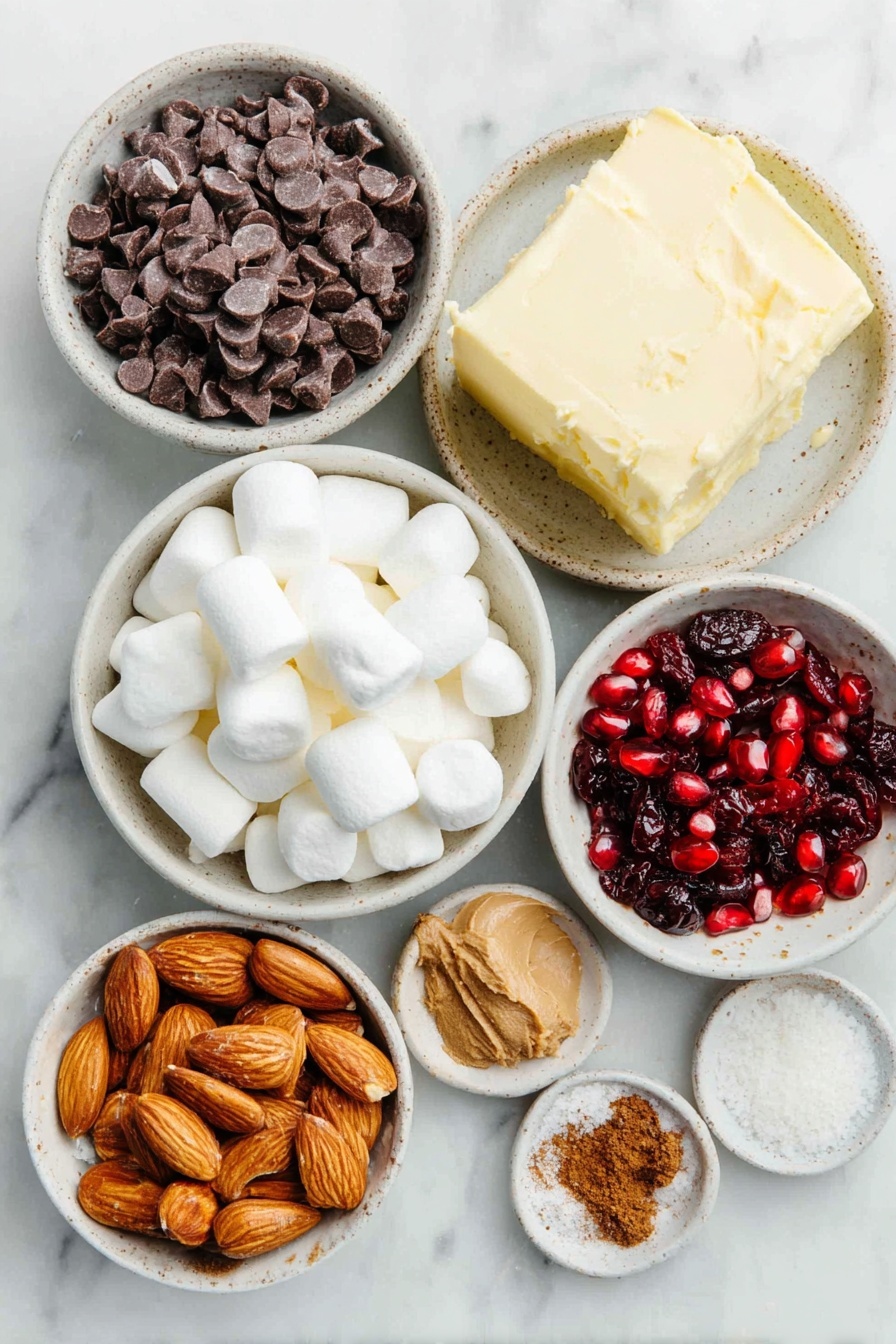 Flat lay of semi-sweet chocolate chips scattered loosely beside a small mound of smooth unsweetened almond butter, a chunk of creamy yellow butter, roughly chopped roasted almonds spread in a neat pile, dried cranberries with their deep red hue, a generous cluster of white mini marshmallows, bright ruby red pomegranate seeds arranged artfully, and tiny piles of ground cinnamon, ground ginger, ground allspice, a pinch of salt, and a few drops of vanilla extract all displayed in small simple white ceramic bowls, placed on a clean white marble surface, soft natural light, photo taken with an iPhone, professional food photography style, fresh ingredients, white ceramic bowls, no bottles, no duplicates, no utensils, no packaging --ar 2:3 --v 7 --p m7354615311229779997