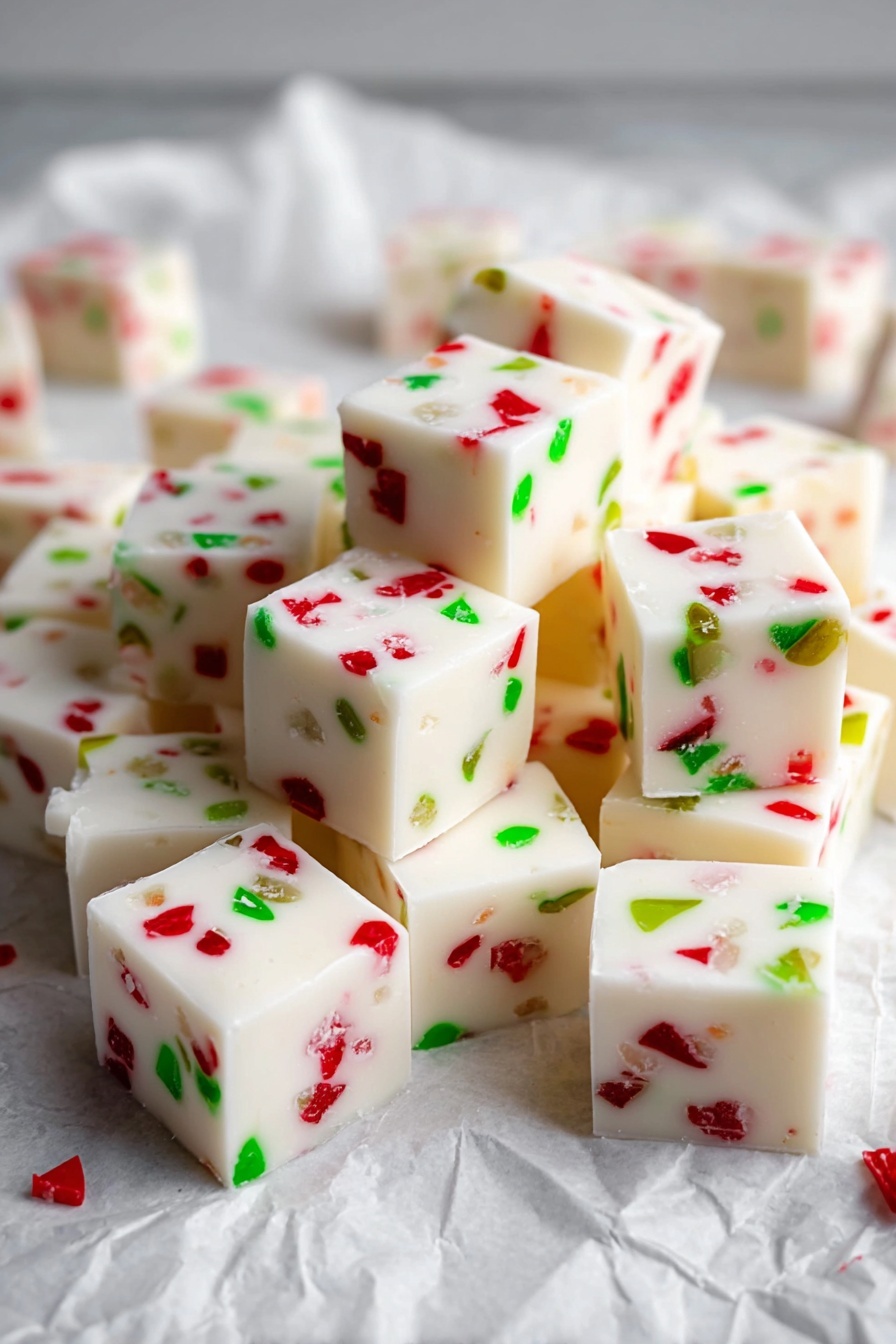 Many small white cubes with smooth texture are spread out on crumpled white paper on a white marbled surface. Each cube has scattered red and green bits embedded inside, giving a colorful candy-like look. The cubes are stacked and grouped closely together, some leaning against others, showing their clean edges and glossy finish. The background is soft and out of focus, putting full attention on the bright white cubes and their vibrant green and red spots. photo taken with an iphone --ar 2:3 --v 7