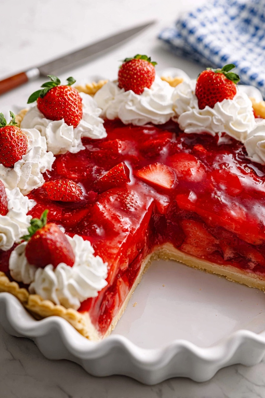 A close-up of a strawberry pie in a white ceramic dish with scalloped edges. The pie has three visible layers: a pale golden crust at the bottom, a thick bright red strawberry filling with pieces of strawberries, and a shiny red glaze on top. Around the edge of the pie are white whipped cream swirls, each decorated with a halved fresh strawberry with green leaves. A slice of the pie is slightly pulled out, revealing the layers clearly. The dish sits on a white marbled surface with a knife and a blue and white cloth napkin in the background. Photo taken with an iphone --ar 2:3 --v 7