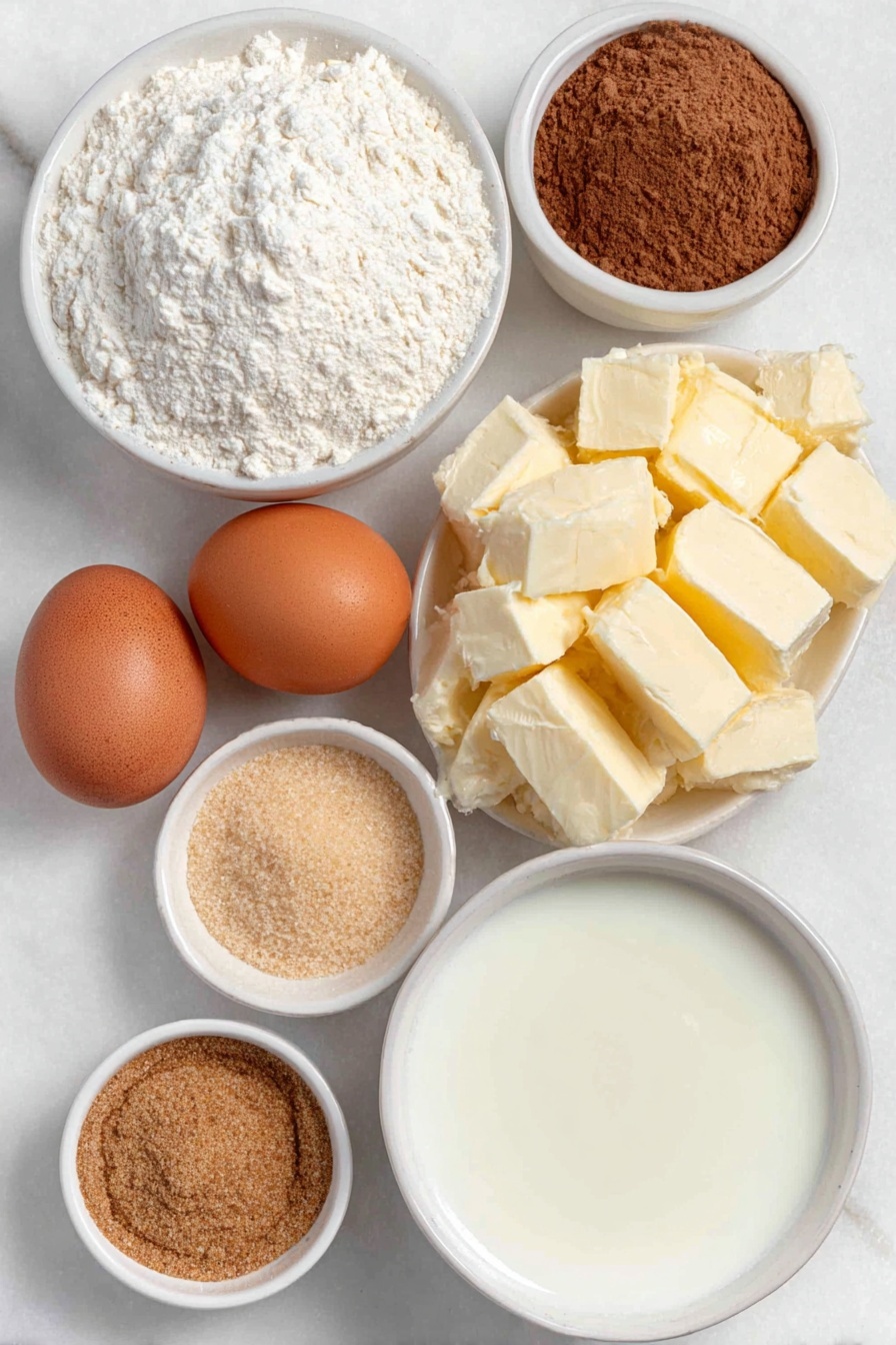 Flat lay of a large whole egg with a clean shell, a small mound of all purpose flour, a few pieces of softened unsalted butter cut into chunks, a small white ceramic bowl with warm water, a small white bowl with milk, a small white bowl holding unsulphered molasses, a small white bowl of granulated sugar, a small white bowl of light brown sugar packed, a small white bowl with ground cinnamon, a small white bowl with ground ginger, a small white bowl with ground nutmeg, a small white bowl containing active dry yeast granules, a block of full fat cream cheese, all ingredients arranged symmetrically and naturally, fresh and unprocessed, placed on a clean white marble surface, soft natural light, photo taken with an iPhone, professional food photography style, fresh ingredients, white ceramic bowls, no bottles, no duplicates, no utensils, no packaging --ar 2:3 --v 7 --p m7354615311229779997