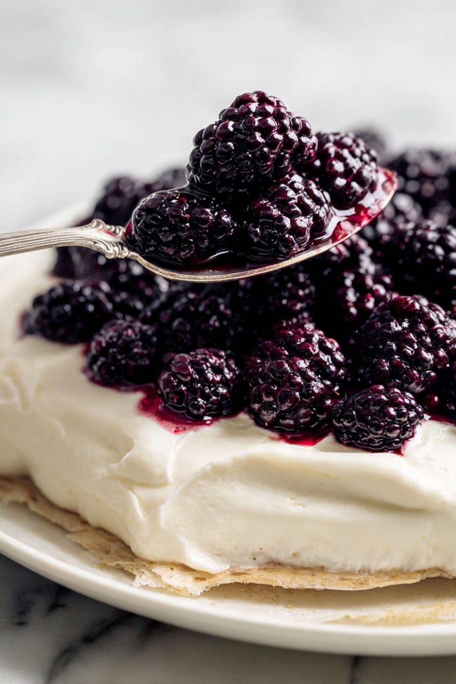 A single slice of pie sits on a white plate with a shiny silver fork next to it. The pie has a golden-brown crust that is flaky and slightly thick at the edge. The filling is made of blackberries that are dark purple and glossy, sitting in a creamy, light yellow layer beneath them. The blackberries cover most of the slice, and there is a small drizzle of honey on top of the berries and pie. The background shows part of the whole pie blurred out and a small glass bowl with honey and a wooden honey dipper. The setting is on a white marbled surface with a bit of purple cloth near the bottom edge of the image. Photo taken with an iphone --ar 2:3 --v 7