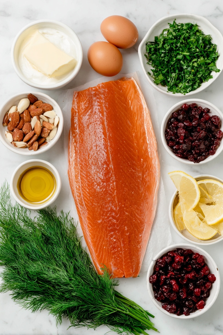 Flat lay of a whole fresh salmon side with skin on, two whole uncracked brown eggs, a small white ceramic bowl of pale yellow unsalted butter, a small white ceramic bowl of golden honey, three fresh garlic cloves, a small white ceramic bowl of thick white sour cream, a small bunch of fresh dill with feathery green sprigs, a small white ceramic bowl with a halved light purple eschallot finely grated, two bright yellow whole lemons cut into wedges, a small white ceramic bowl with bright orange lemon zest, a small white ceramic bowl of dried deep red cranberries, a small white ceramic bowl of glossy slivered toasted almonds, a small white ceramic bowl of roughly chopped fresh parsley, a small white ceramic bowl of vibrant ruby red pomegranate seeds, a small white ceramic bowl of rich golden extra virgin olive oil, and a small white ceramic bowl of freshly squeezed bright yellow lemon juice, all arranged in perfect symmetry with realistic proportions, placed on a clean white marble surface, soft natural light, photo taken with an iPhone, professional food photography style, fresh ingredients, white ceramic bowls, no bottles, no duplicates, no utensils, no packaging --ar 2:3 --v 7 --p m7354615311229779997