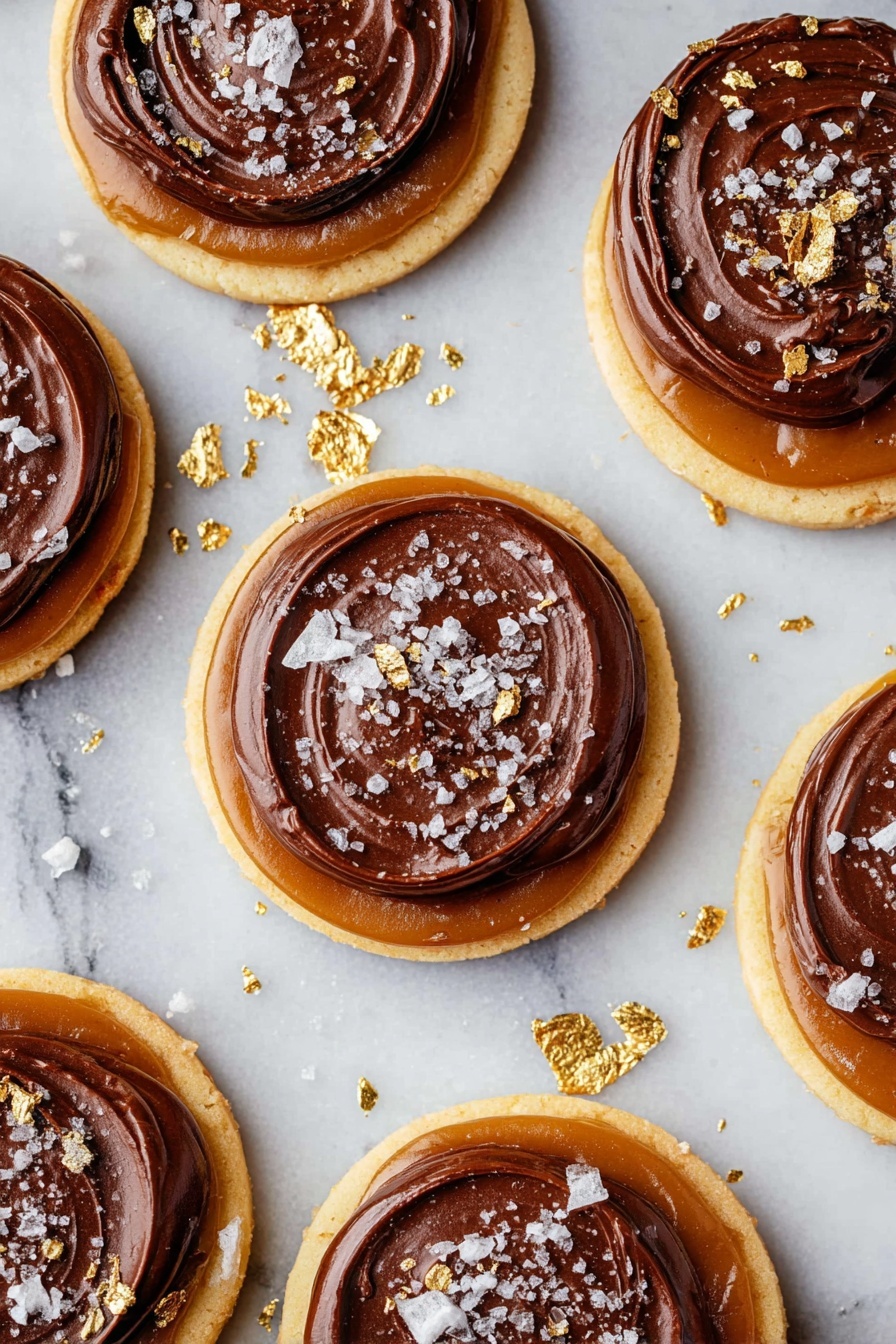The image shows a group of round cookies placed on a white marbled surface. Each cookie has two visible layers: a light golden-brown base layer that is smooth and flat, topped with a thick, glossy layer of dark brown chocolate spread that is unevenly swirled. On top of the chocolate, there are small flakes of white sea salt and tiny pieces of shiny gold leaf scattered unevenly, adding sparkle and texture. The cookies are closely arranged with some gaps, and there is a partial view of a white cup and a dark plate on the edges of the image. Photo taken with an iphone --ar 2:3 --v 7