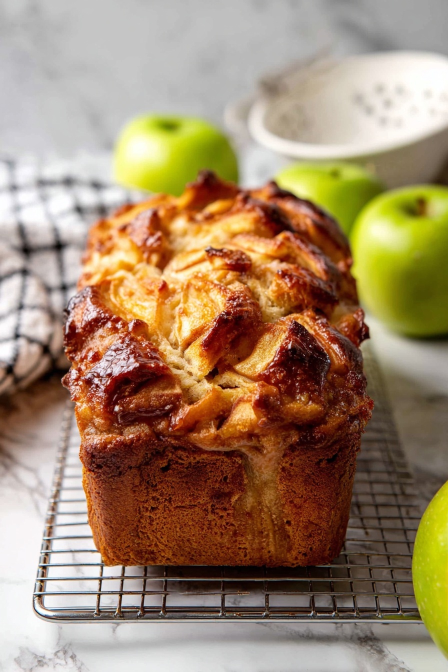 A golden brown apple bread loaf with a rough, uneven top layer showing caramelized, browned apple pieces and bread crust. The loaf is thick and tall, sitting on a silver wire cooling rack with a white marbled surface underneath. Around the loaf, there are three green apples and a white colander with holes in the background, along with a white and black checkered cloth. The lighting is soft, highlighting the textures of the bread and apples. Photo taken with an iphone --ar 2:3 --v 7