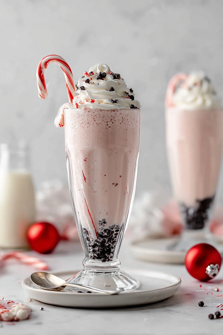 This image shows a tall clear glass filled with a light pink milkshake that has small dark chocolate pieces mixed inside, with a layer of crushed chocolate bits settled at the bottom. On top, there is a swirl of white whipped cream sprinkled with small dark chocolate bits and a red and white striped candy cane hanging on the side of the glass. The glass is placed on a white plate with a small silver spoon beside it, all set on a white marbled surface. In the background, there is another similar milkshake and a small bottle of milk, with some red Christmas ornaments and candy canes scattered on the surface. Photo taken with an iphone --ar 2:3 --v 7