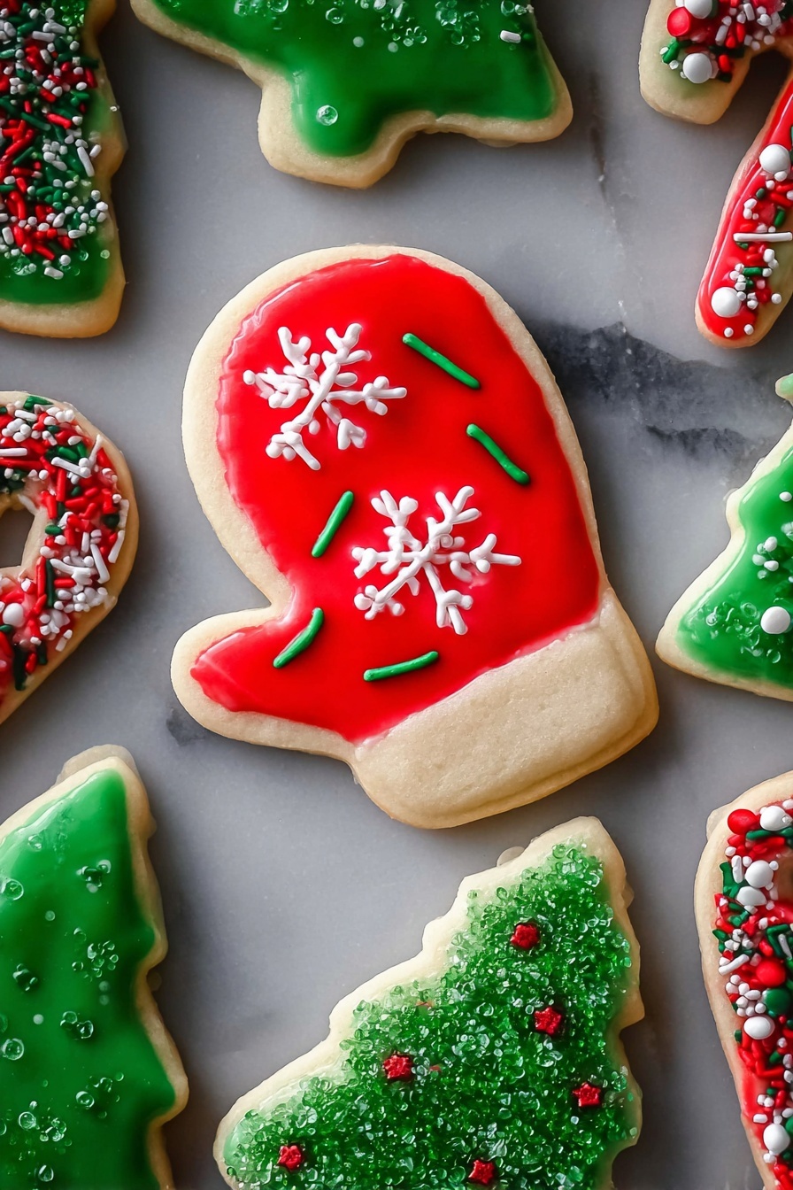 The image shows several Christmas-themed sugar cookies on a white marbled surface. Each cookie has two main layers: a light beige cookie base and a smooth icing layer on top. The mitten-shaped cookie in the center has a bright red icing layer with small white snowflake and green line-shaped sprinkles scattered over it. Around it, there are tree-shaped cookies covered with green icing; one tree cookie has a thick coating of sparkly green sugar crystals, while others have glossy green icing with round and star-shaped red, white, and green sprinkles. There is also a candy cane-shaped cookie with alternating stripes of red and white icing and red and green sprinkles. The colors are vivid, and the icing looks shiny and smooth. photo taken with an iphone --ar 2:3 --v 7