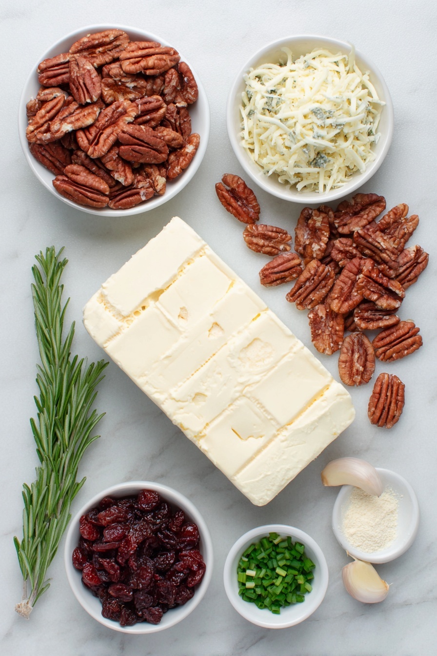 Flat lay of fresh whole pecans, chopped toasted pecans in a small white ceramic bowl, a block of smooth cream cheese, shredded white sharp cheddar cheese in a small white bowl, dried cranberries in a small white bowl, fresh chopped chives in a small white bowl, a few whole garlic cloves next to a small white bowl containing garlic powder, all arranged symmetrically on a clean white marble surface, soft natural light, photo taken with an iPhone, professional food photography style, fresh ingredients, white ceramic bowls, no bottles, no duplicates, no utensils, no packaging --ar 2:3 --v 7 --p m7354615311229779997