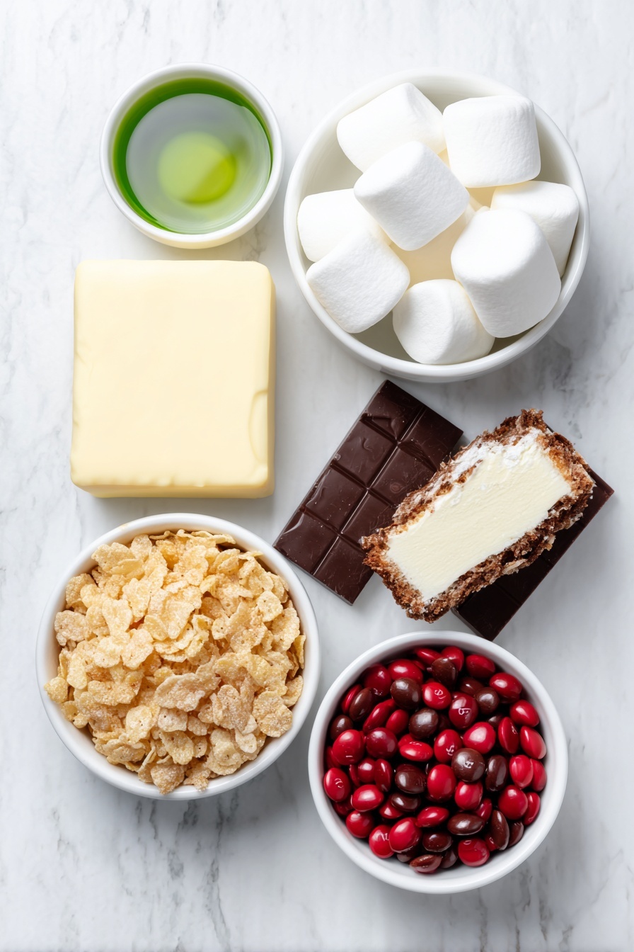 Flat lay of a stick of pale yellow butter, a small pile of large white marshmallows, a small white bowl filled with vibrant green liquid food coloring, a small white bowl containing clear vanilla extract, a simple white bowl heaped with golden cornflakes, a small white bowl filled with shiny red candy-coated chocolates, all arranged symmetrically on a clean white marble surface, soft natural light, photo taken with an iPhone, professional food photography style, fresh ingredients, white ceramic bowls, no bottles, no duplicates, no utensils, no packaging --ar 2:3 --v 7 --p m7354615311229779997