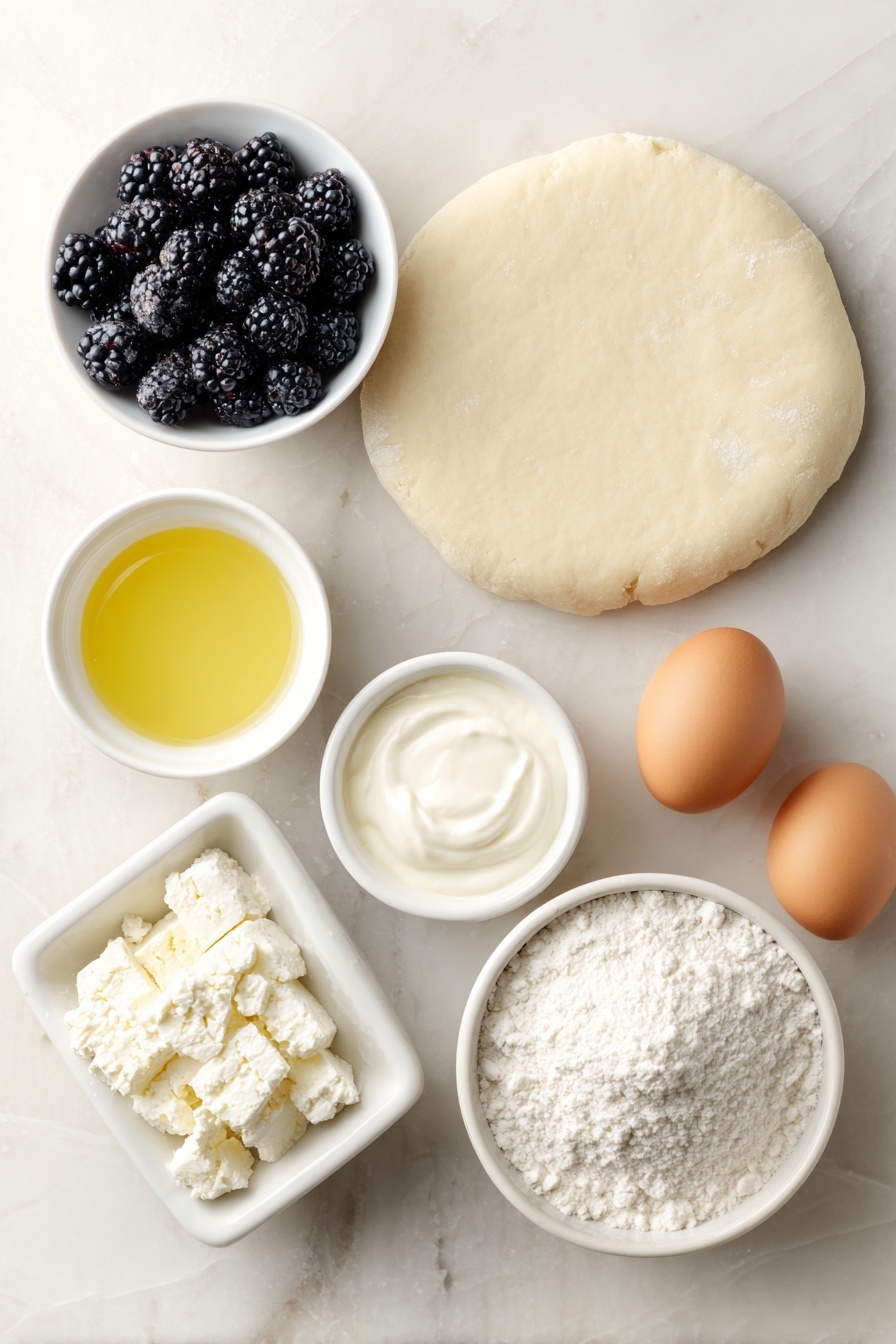 Flat lay of a rolled-out circle of pale, lightly floured homemade pie dough, a small cluster of fresh plump blackberries, a small white ceramic bowl filled with granulated sugar, another small white ceramic bowl containing white all-purpose flour, a small white ceramic bowl with fresh lemon juice, a small white ceramic bowl of golden honey, a perfect wedge of crumbly white feta cheese, a small white ceramic bowl of creamy full-fat sour cream, a small white ceramic bowl with smooth olive oil, and two whole uncracked brown eggs, arranged in perfect symmetry on a clean white marble surface, soft natural light, photo taken with an iPhone, professional food photography style, fresh ingredients, white ceramic bowls, no bottles, no duplicates, no utensils, no packaging --ar 2:3 --v 7 --p m7354615311229779997