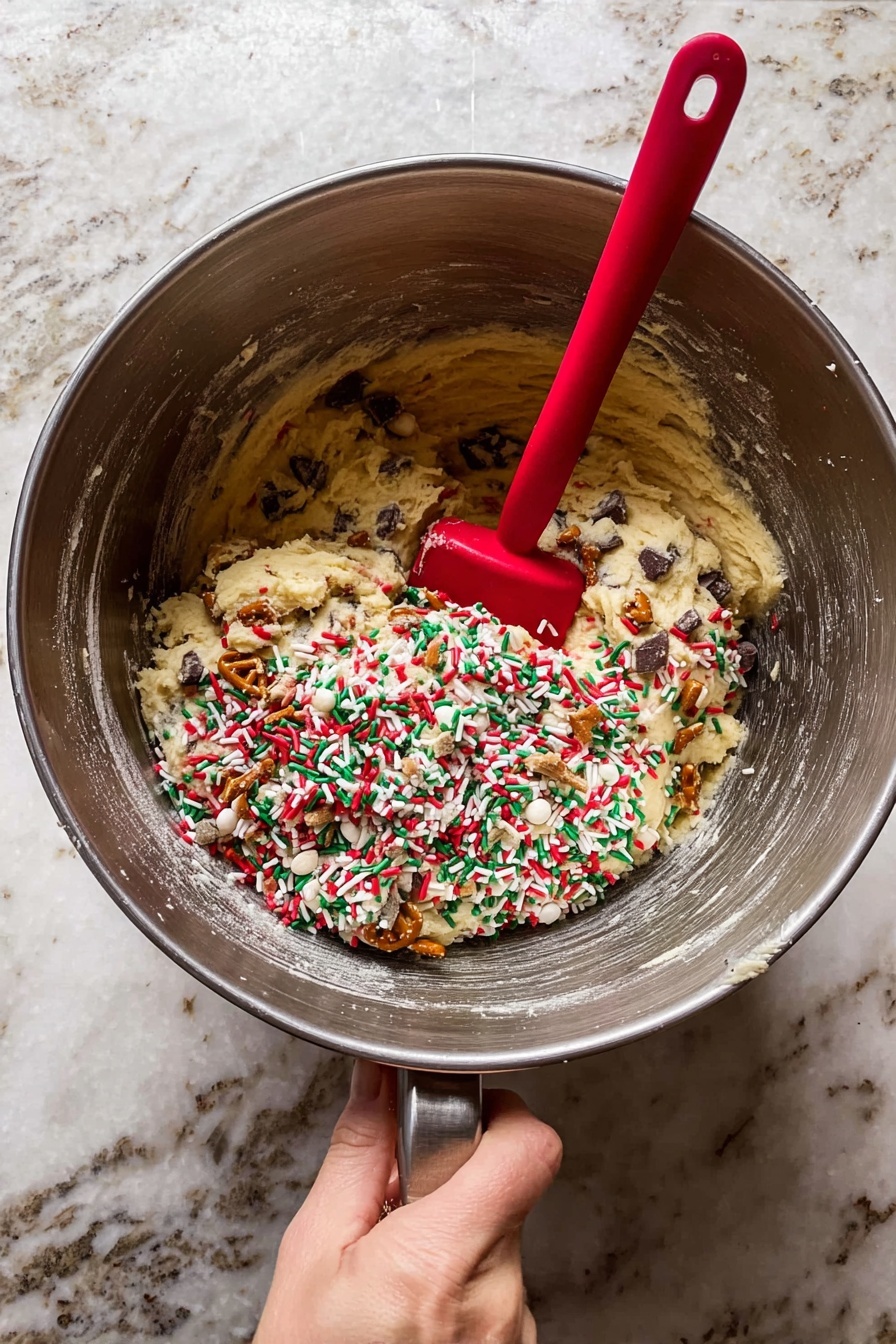 The image shows several thick, round cookies with a light golden-brown color as the base layer. Each cookie is topped with broken pretzel sticks, dark chocolate chips, small toffee chunks, and thin, crinkled potato chip pieces. Bright red and green sprinkles are scattered across the top, adding color contrast and a festive touch. The cookies rest on a white marbled surface with some crumbs and sprinkles around them, creating a close, cozy feel. Photo taken with an iphone --ar 2:3 --v 7