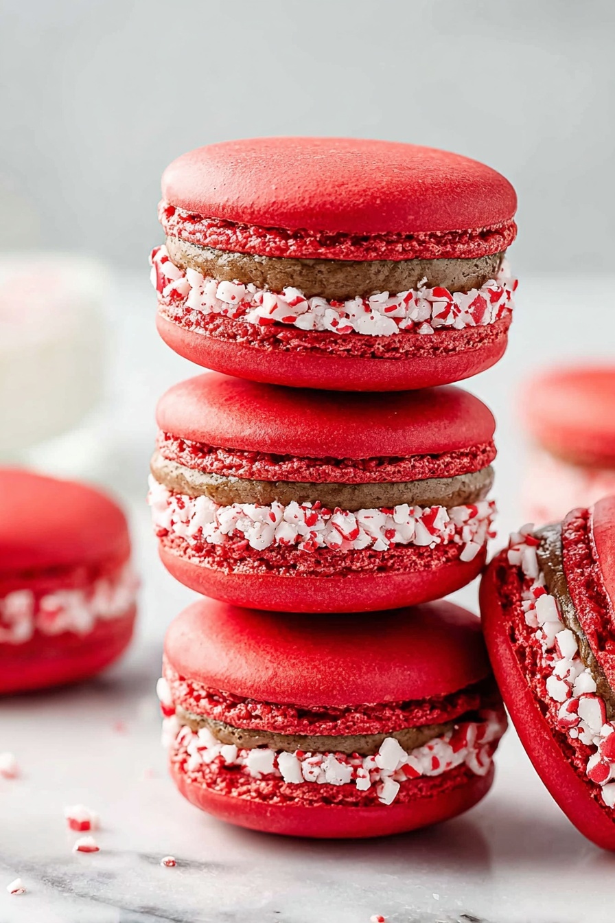 The image shows a stack of four red macarons on a white marbled surface, with a single macaron lying next to the stack. Each macaron has two smooth, bright red shells with a slightly rough edge, sandwiching a thick layer of light brown filling. The filling is coated with white and red crushed pieces, adding texture and contrast. The macarons look soft and fresh, with a clean and clear focus on the stack. Photo taken with an iphone --ar 2:3 --v 7