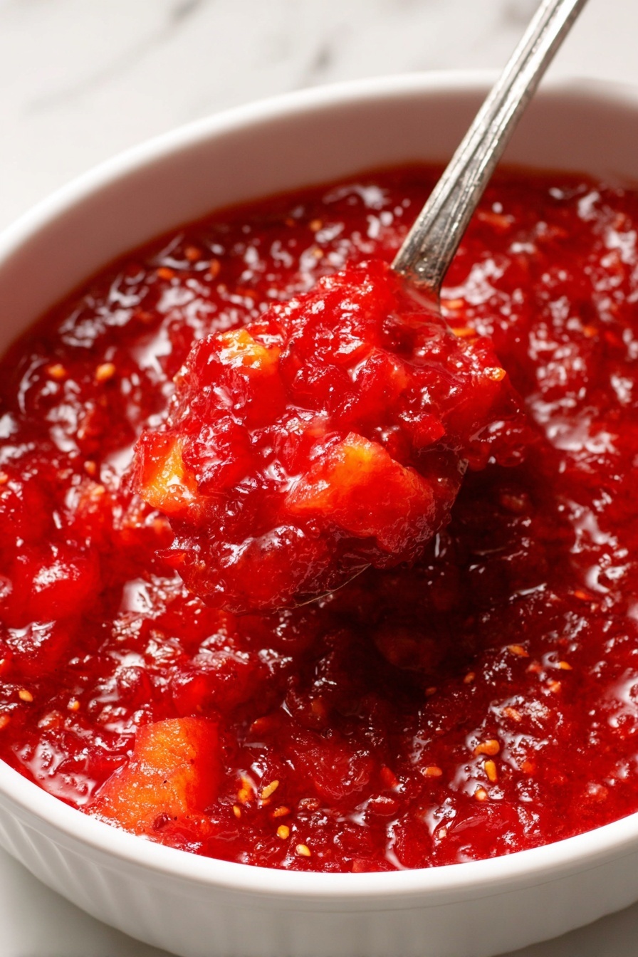 A close-up view of a shiny, bright red chunky sauce in a white bowl, filled with soft, thick bits and small pieces of fruit or vegetables spread evenly throughout. A silver spoon holds a scoop of this sauce above the bowl, showing its juicy texture with visible chunks and slightly glossy surface. The background surface has a white marbled texture. Photo taken with an iphone --ar 2:3 --v 7