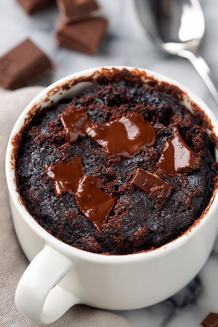 A close-up view of a single-layer chocolate mug cake in a white mug, sitting on a white marbled surface. The top layer is dark, rich chocolate cake with a rough, moist texture. Large patches of melted, shiny chocolate pieces are spread unevenly on the surface, creating a glossy contrast against the dark cake. In the background, chunks of chocolate and a spoon resting on a light fabric can be seen softly out of focus. Photo taken with an iphone --ar 2:3 --v 7