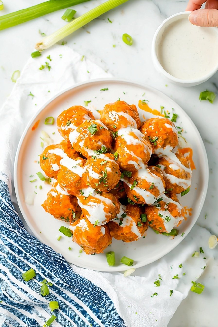 A white plate is full of round, golden-orange balls covered in a thick, shiny sauce. Each ball has small green pieces scattered on top and is drizzled with a creamy white sauce. A woman's hand holds a silver fork that picks up one of the balls, showing its soft texture and sauce coating. The plate is placed on a white marbled surface, and the background is bright and blurred to keep focus on the food. photo taken with an iphone --ar 2:3 --v 7