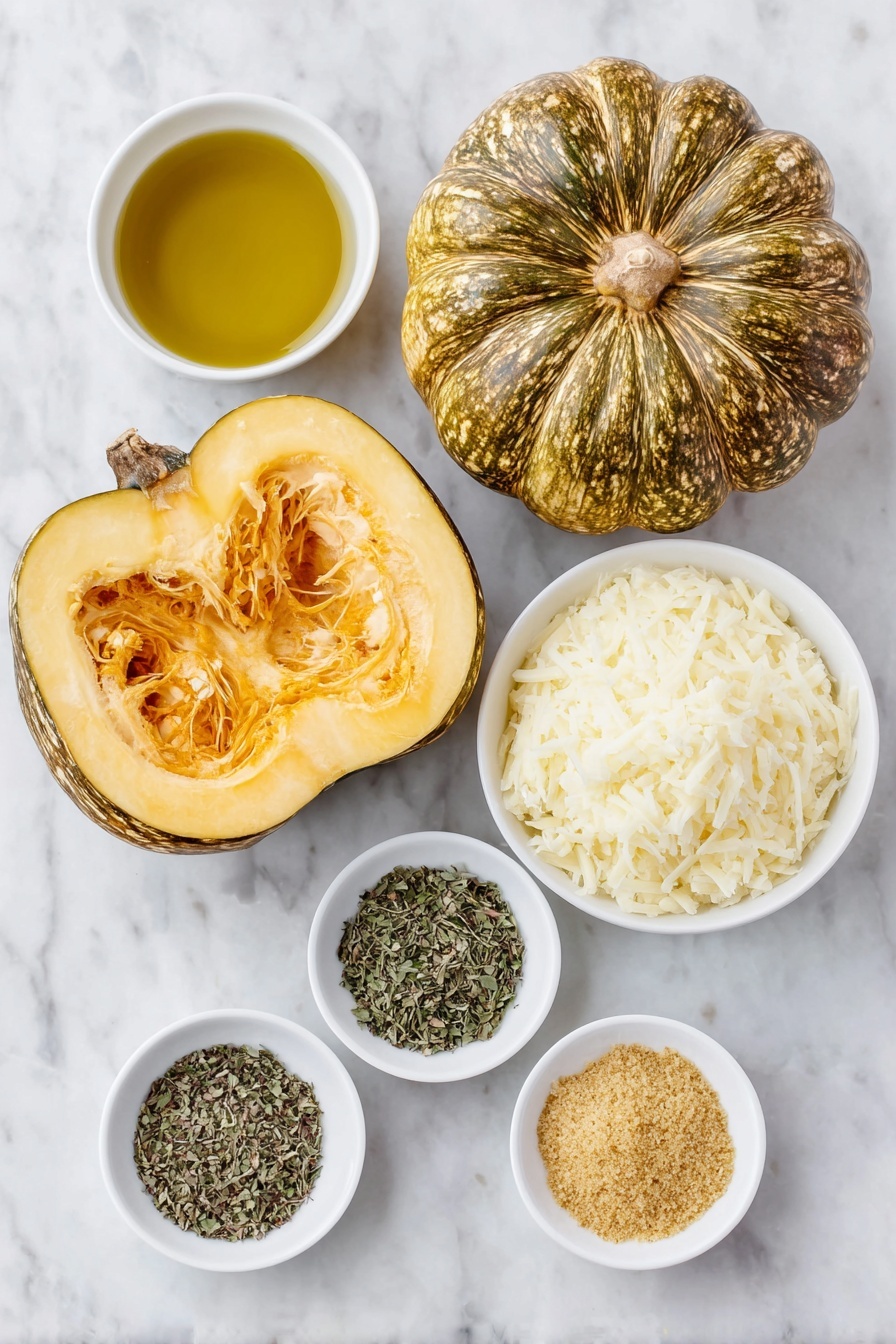 Flat lay of two small to medium fresh acorn squash, one sliced open showing vibrant orange flesh and seeds removed, a small white ceramic bowl filled with glossy extra-virgin olive oil, a small white bowl heaped with finely grated parmesan cheese, a small white bowl holding golden garlic powder, a small white bowl with coarse kosher salt, three small white bowls each containing dried basil, dried thyme, and dried oregano leaves arranged symmetrically, all ingredients fresh and natural, placed on a clean white marble surface, soft natural light, photo taken with an iPhone, professional food photography style, fresh ingredients, white ceramic bowls, no bottles, no duplicates, no utensils, no packaging --ar 2:3 --v 7 --p m7354615311229779997