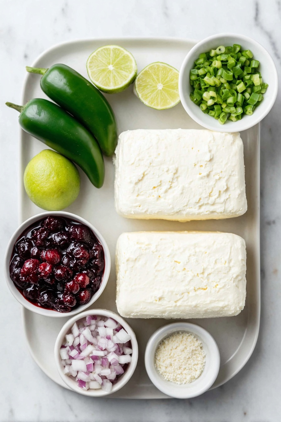Flat lay of two blocks of fresh cream cheese, two whole green jalapeños with smooth shiny skin, a small white ceramic bowl of finely diced red onion, a small white ceramic bowl with coarse garlic powder, a whole lime halved showing juicy pulp, a small white ceramic bowl of finely chopped green onions, a small white ceramic bowl filled with whole berry cranberry sauce with vibrant deep red berries, and two whole brown eggs with clean shells placed symmetrically on a simple white ceramic plate, all arranged in perfect balance on a clean white marble surface, soft natural light, photo taken with an iPhone, professional food photography style, fresh ingredients, white ceramic bowls, no bottles, no duplicates, no utensils, no packaging --ar 2:3 --v 7 --p m7354615311229779997