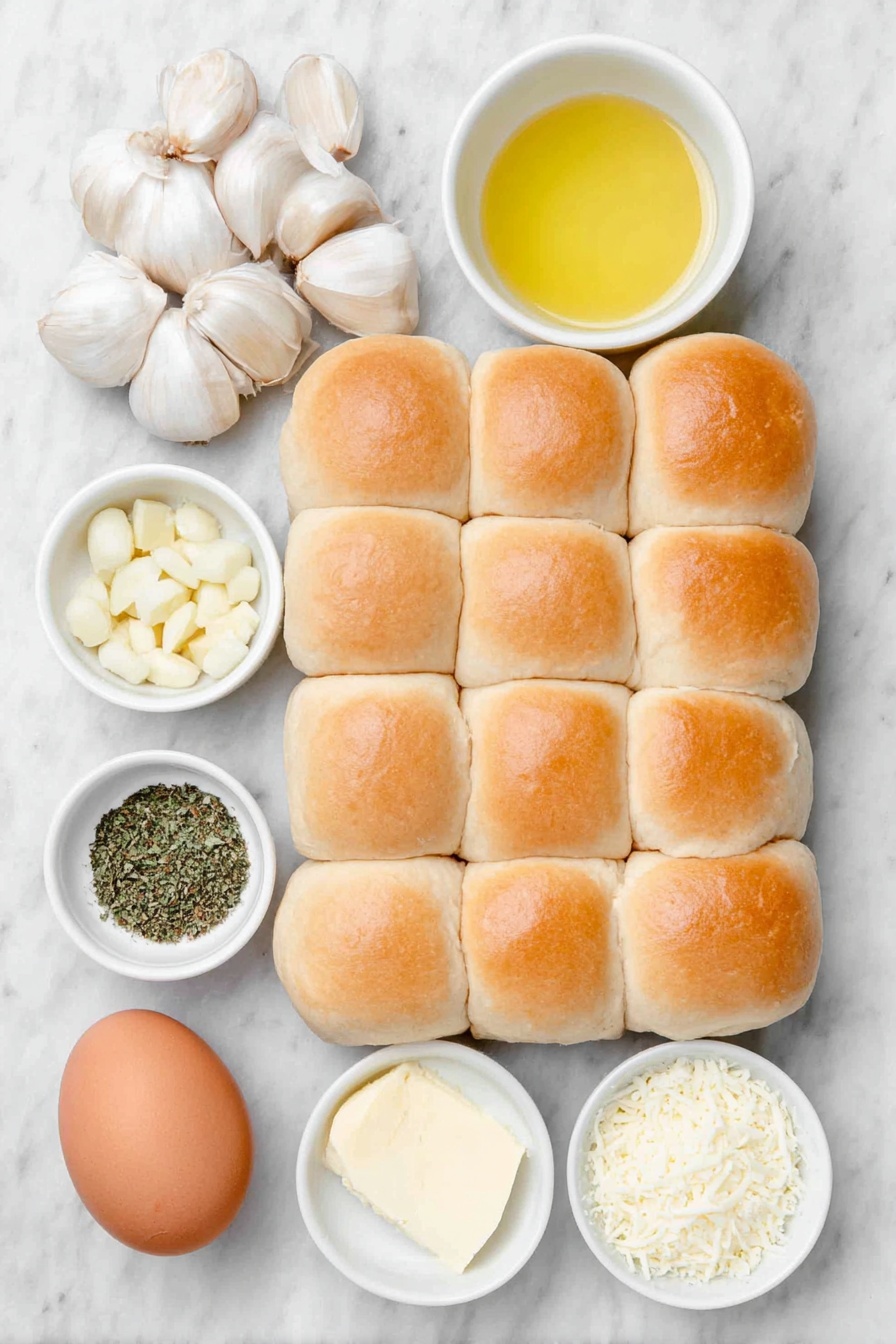 Flat lay of a dozen golden jumbo biscuit dough pieces each cut into fourths arranged neatly, a cluster of fresh white mozzarella cheese sticks sliced into multiple pieces, a small white ceramic bowl filled with melted golden butter, three peeled garlic cloves next to a tiny pile of minced garlic, a small white bowl containing a mix of dried Italian seasoning herbs, one large whole brown egg with an uncracked shell, and a small white ceramic bowl holding finely grated pale parmesan cheese, all placed on a clean white marble surface, soft natural light, photo taken with an iPhone, professional food photography style, fresh ingredients, white ceramic bowls, no bottles, no duplicates, no utensils, no packaging --ar 2:3 --v 7 --p m7354615311229779997