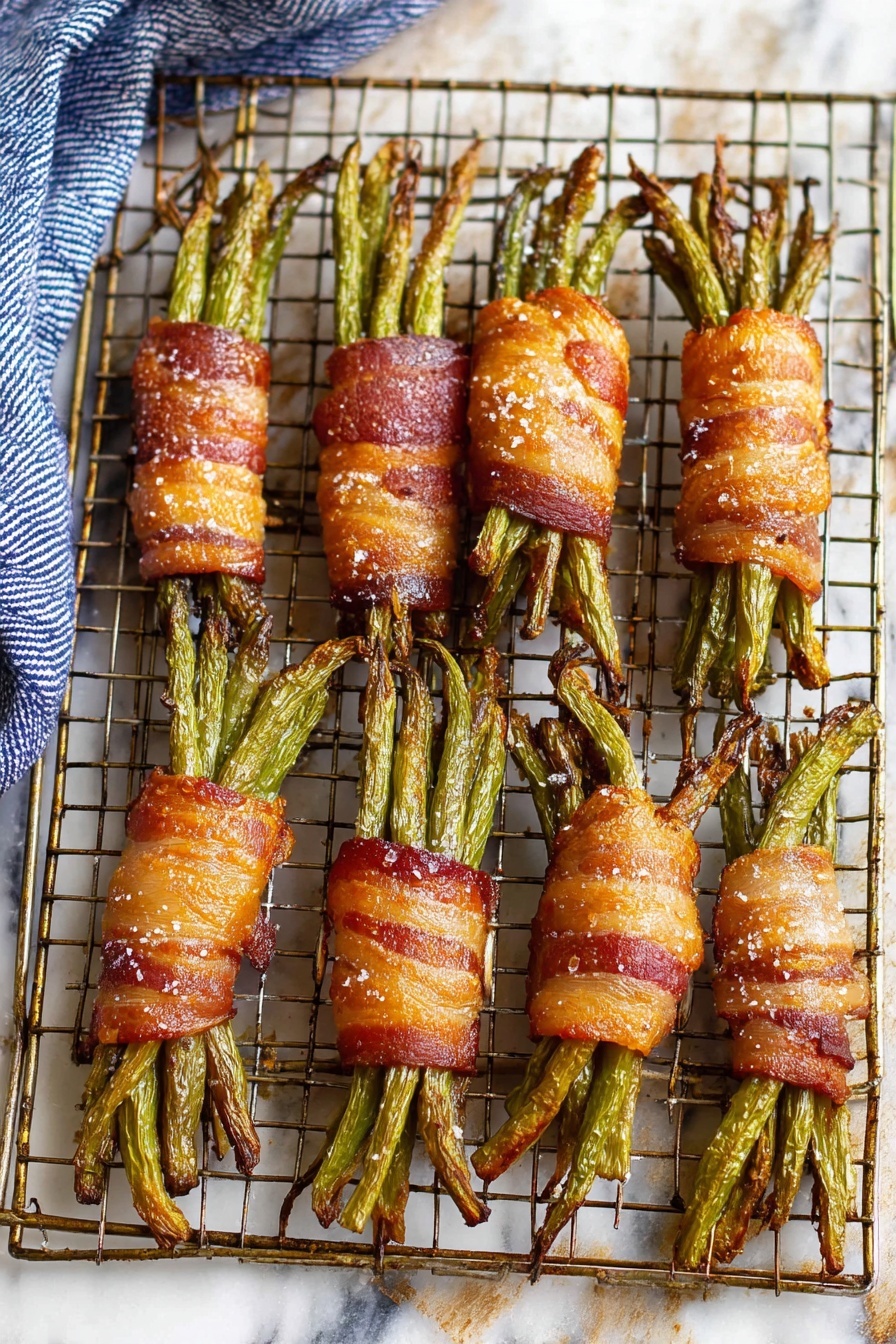 The image shows several bundles of green beans tied tightly with crispy, golden brown bacon strips. Each bundle has bright green beans with slightly charred tips that peek out from either end of the bacon wrap. The bacon looks shiny and crunchy with a sprinkling of coarse white sea salt on top. The bundles rest on a metal rack with a white marbled surface underneath. The lighting highlights the texture of the bacon and the fresh look of the green beans. photo taken with an iphone --ar 2:3 --v 7