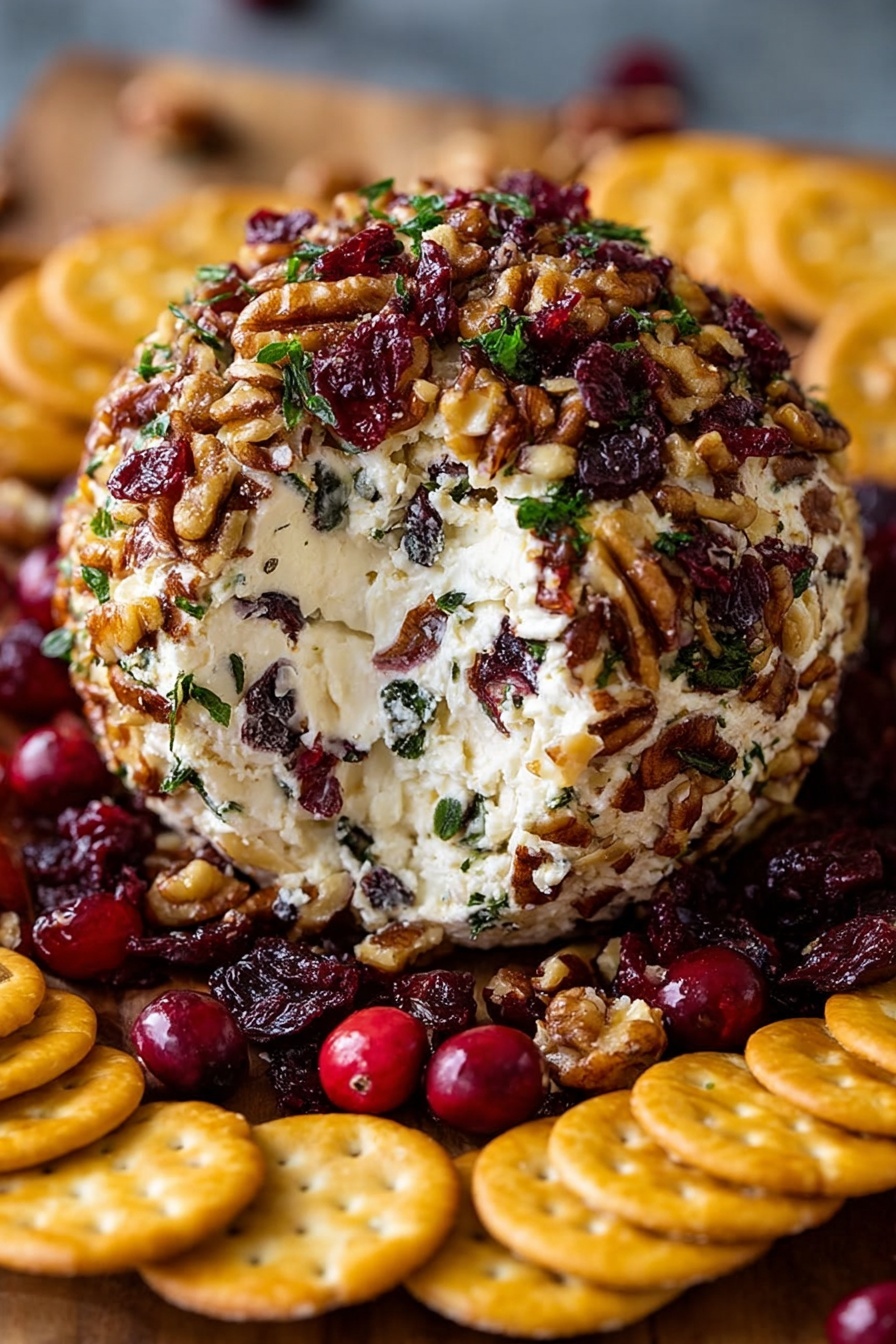 The image shows a round cheese ball with a creamy white inside mixed with small bits of dark dried fruit and herbs. The outside is covered in a thick layer of chopped walnuts, bright red dried cranberries, and green herbs scattered all around, giving a textured and colorful look. The cheese ball sits on a wooden surface, surrounded by a circle of golden round crackers. Photo taken with an iphone --ar 2:3 --v 7