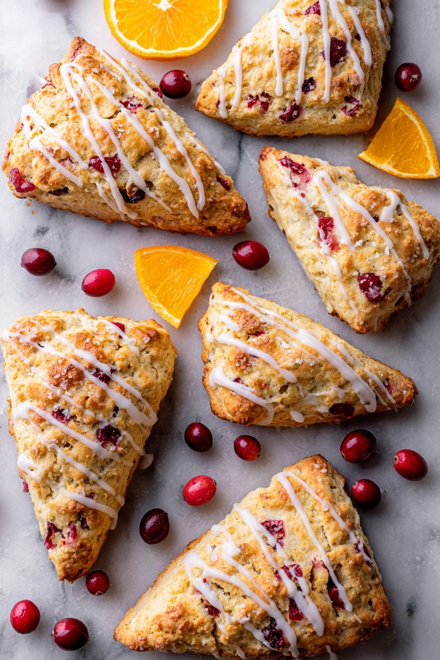 Two triangular scones with a light golden-brown crust and visible red berry pieces inside, drizzled with white icing in neat lines across the top, sit close together on a white plate with a cracked textured pattern. Around the scones, a few whole red berries are scattered, adding pops of color. The plate rests on a wooden surface with a red and white checkered cloth nearby. The overall appearance is warm and inviting, showing a fresh baked look with a slightly rough texture on the scones' surface. Photo taken with an iphone --ar 2:3 --v 7