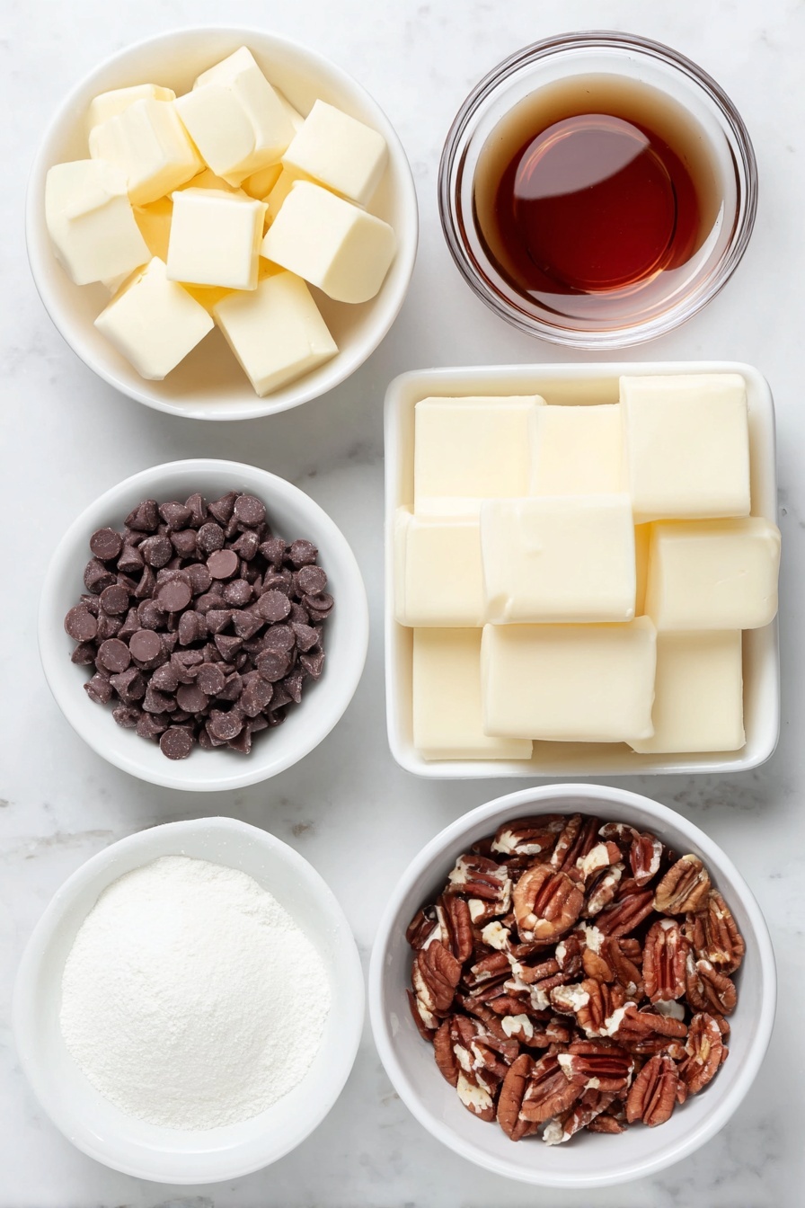 Flat lay of diced Velveeta cheese cubes, two sticks of salted butter in a neat block, a small white ceramic bowl filled with glossy semi-sweet chocolate chips, a small white ceramic bowl holding clear vanilla extract, a small white ceramic bowl heaping with fine powdered sugar, and a small white ceramic bowl with freshly chopped pecans, all arranged in perfect symmetry on a clean white marble surface, soft natural light, photo taken with an iPhone, professional food photography style, fresh ingredients, white ceramic bowls, no bottles, no duplicates, no utensils, no packaging --ar 2:3 --v 7 --p m7354615311229779997