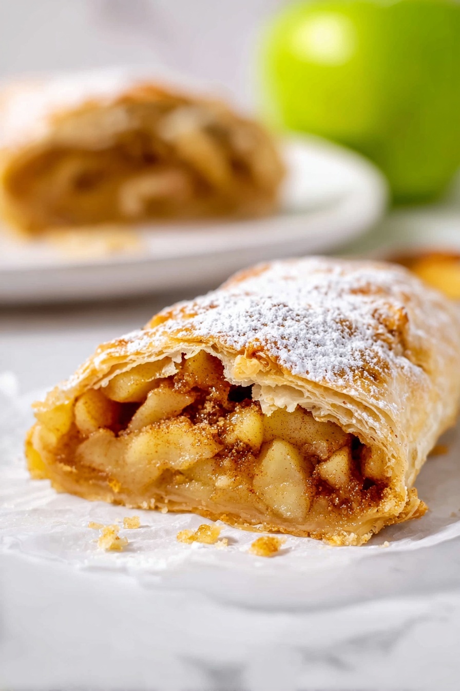 A close-up of a slice of apple pastry shows a flaky golden-brown crust dusted with powdered sugar on top. Inside, the filling is made of soft, cooked apple chunks mixed with a crumbly, light brown layer of cinnamon and sugar. The pastry is placed on white parchment paper with a blurred green apple in the background and another piece of the same pastry on a white plate. The whole scene is set against a white marbled surface. photo taken with an iphone --ar 2:3 --v 7