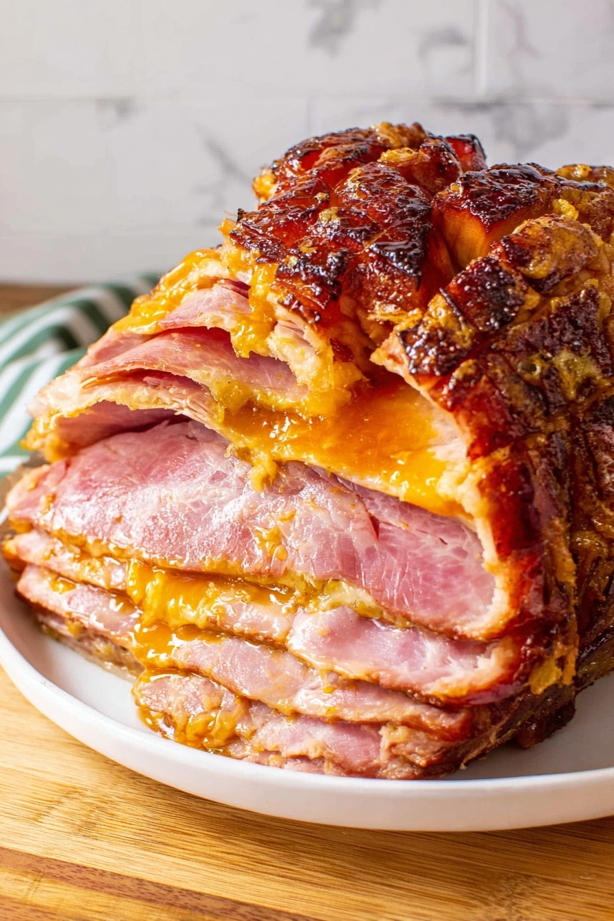 A stack of around eight pancakes is shown closely, each pancake having a golden-brown surface with some darker spots, indicating a light crispiness. Between and on top of the pancake layers are generous amount of light yellow syrup that is thick and glossy, slowly dripping down the sides. The edges of the pancakes are soft and slightly uneven, with the syrup pooling a little at the base. The whole stack sits on a white plate, which is placed on a white marbled surface. The photo taken with an iphone --ar 2:3 --v 7