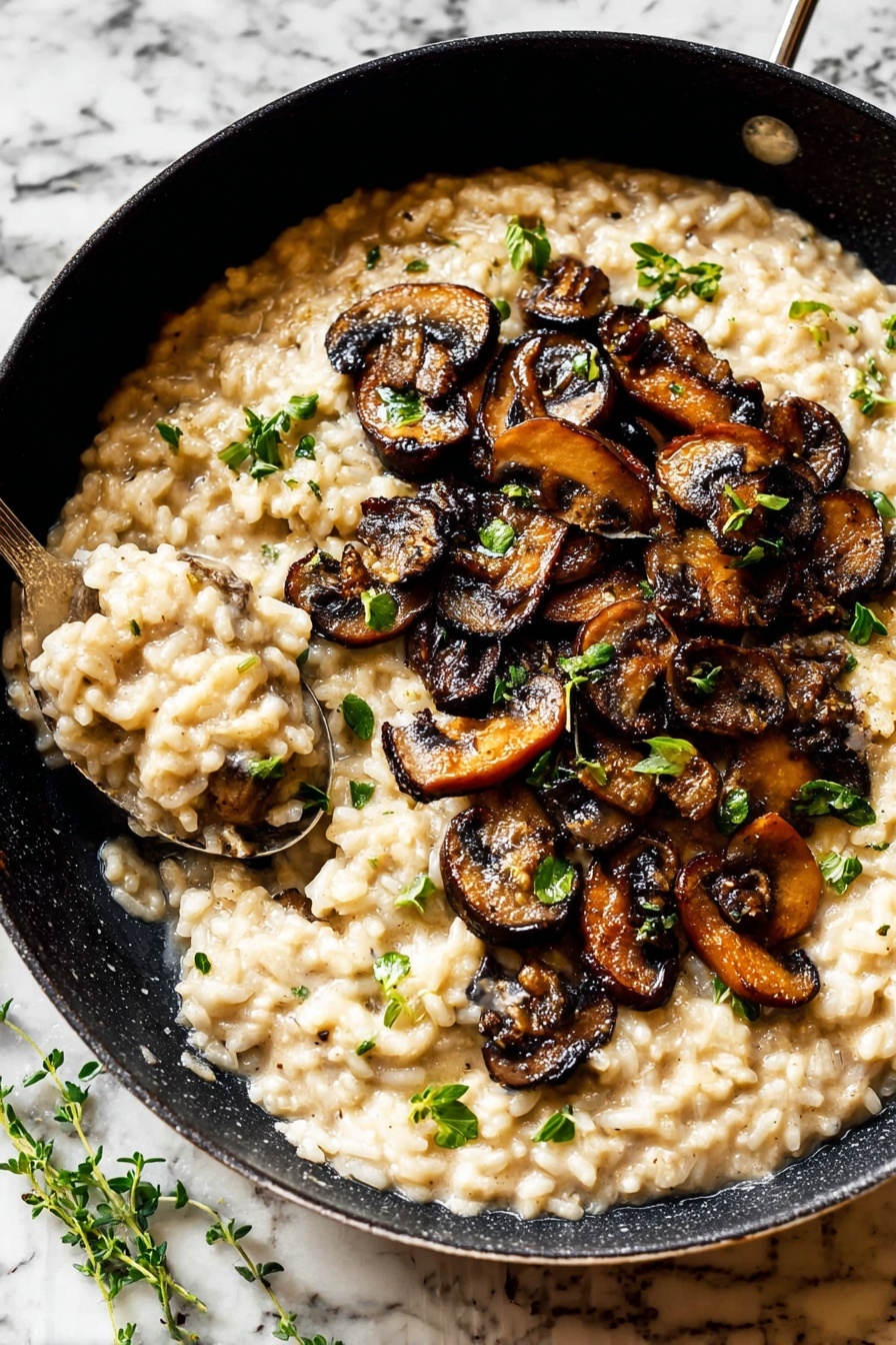The image shows a black pan filled with creamy risotto, which is light beige and looks soft and thick. On top of the risotto is a layer of cooked mushroom slices that are dark brown and slightly shiny, spread mainly in the center. Small pieces of green herbs are sprinkled over the mushrooms and risotto, adding a fresh color contrast. A silver spoon is scooping some risotto, slightly lifting the mixture. The pan sits on a white marbled surface with a few sprigs of green herbs scattered around. Photo taken with an iphone --ar 2:3 --v 7