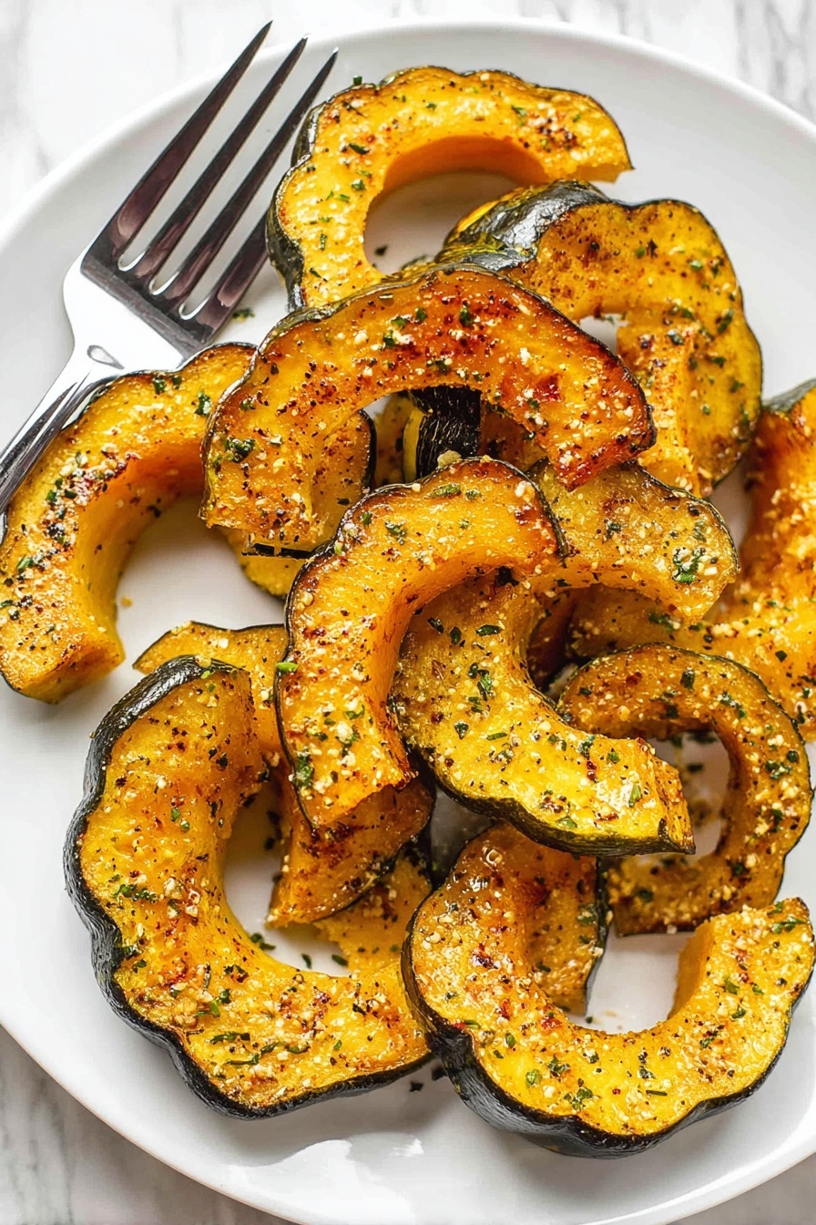 A white plate holds about ten slices of roasted acorn squash, each slice shaped like a thick crescent with a rough dark green edge and a bright yellow-orange inside. The squash pieces have a light crispy texture on top and small bits of melted cheese or seasoning visible, with black pepper and tiny green herb flakes sprinkled over everything. The squash slices overlap slightly in a loose arrangement, and a shiny silver fork rests on the left side of the plate. The background is a white marbled surface. photo taken with an iphone --ar 2:3 --v 7