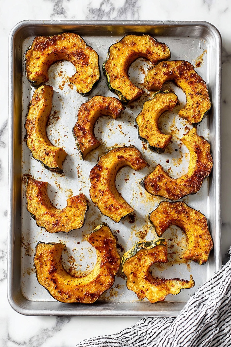 The image shows a metal baking tray with ten pieces of baked squash arranged in a scattered layout. Each piece is curved, with a golden brown color on the inside and a darker green skin edge, showing a slightly crispy and roasted texture with small black specks of seasoning. The squash pieces have uneven, wavy edges and some small bits of browned seasoning are scattered on the tray. The tray rests on a white marbled surface with a black and white striped cloth partially visible at the bottom right corner. photo taken with an iphone --ar 2:3 --v 7