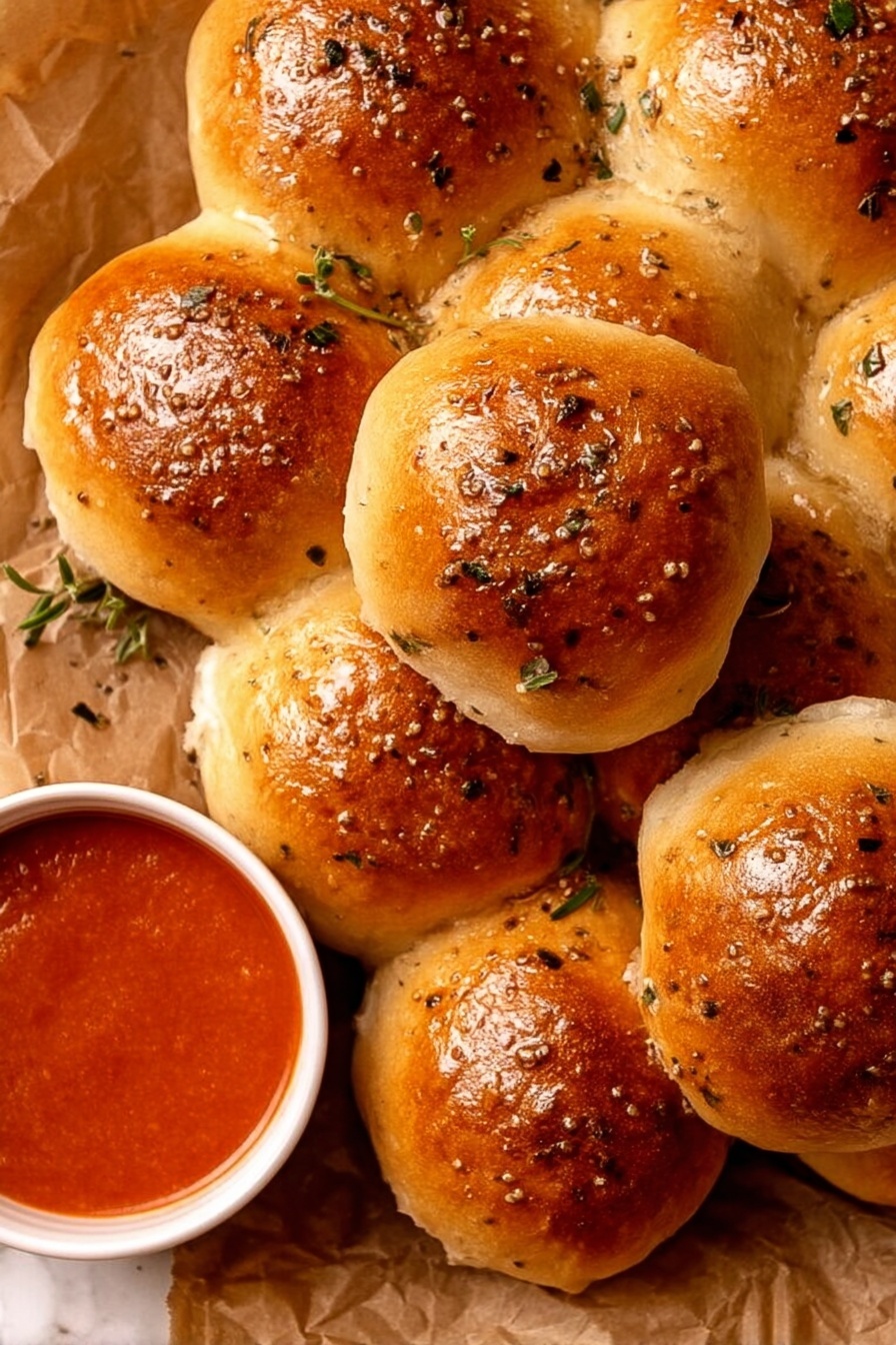 A close-up view of a cluster of soft, round golden brown dinner rolls baked closely together, each roll topped with small specks of herbs and a shiny, slightly oily surface. The rolls are placed on crinkled brown parchment paper over a white marbled surface. In the lower right corner, a small white bowl filled with smooth reddish-orange dipping sauce is partially visible. photo taken with an iphone --ar 2:3 --v 7