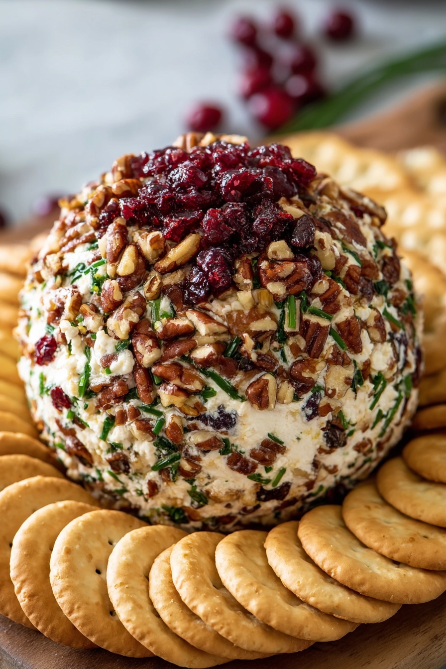 A round cheese ball sits in the center, covered with a mix of chopped pecans, dried red cranberries, and green chives, creating a textured and colorful top layer. The cheese ball has a creamy white base layer visible between the toppings. Surrounding the cheese ball is a neat circle of round, golden crackers with light brown edges, all resting on a white marbled surface. Photo taken with an iphone --ar 2:3 --v 7
