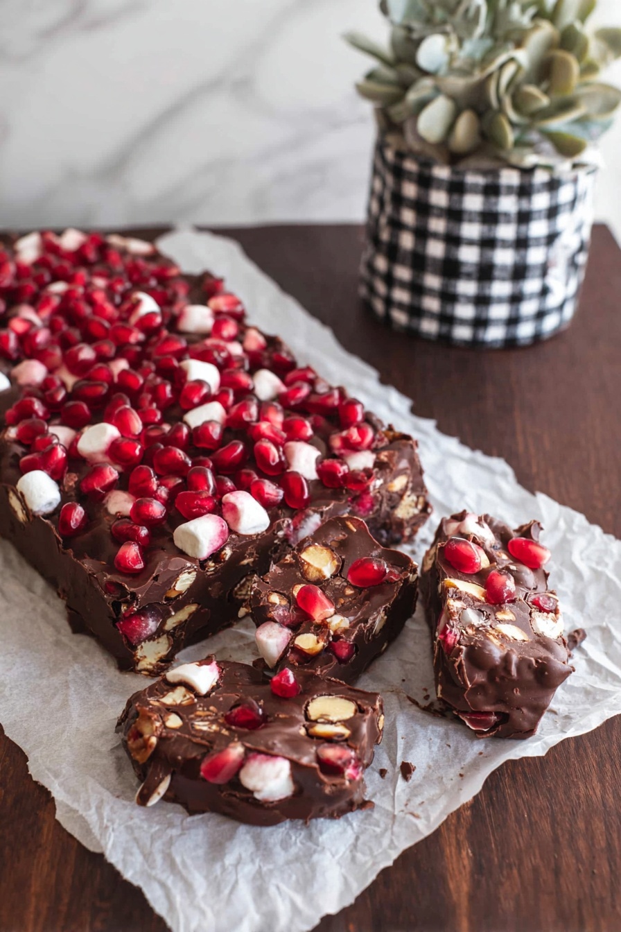 The image shows six square pieces of chocolate rocky road dessert scattered on a white marbled surface. Each piece has three visible layers: a dark brown chocolate base mixed with white marshmallows and light brown nuts inside, topped with bright red pomegranate seeds and extra chocolate on the top, giving a rough texture. Around the pieces, a few loose pomegranate seeds are spread randomly on the white marbled surface, adding vibrant red spots to the scene. The overall look is colorful and chunky, with a mix of smooth, soft, and crunchy textures visible. photo taken with an iphone --ar 2:3 --v 7