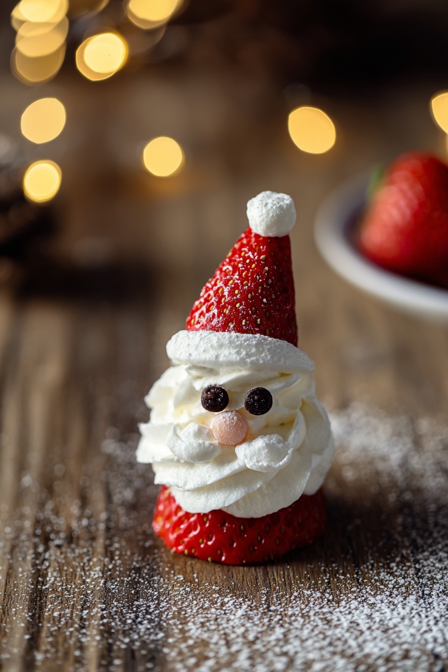 Three small strawberry Santas sit on a white plate with a red and white striped napkin underneath. Each Santa has a layer of a halved red strawberry on the bottom as the body, a thick middle layer of white whipped cream shaped like a beard covering most of the strawberry body, two small dark chocolate chips for eyes placed above the beard, and a halved red strawberry top tilted as a hat. The hat is topped with a small dollop of white whipped cream like the hat's pom-pom. The background has warm, blurred yellow string lights and a soft wooden texture. Photo taken with an iphone --ar 2:3 --v 7