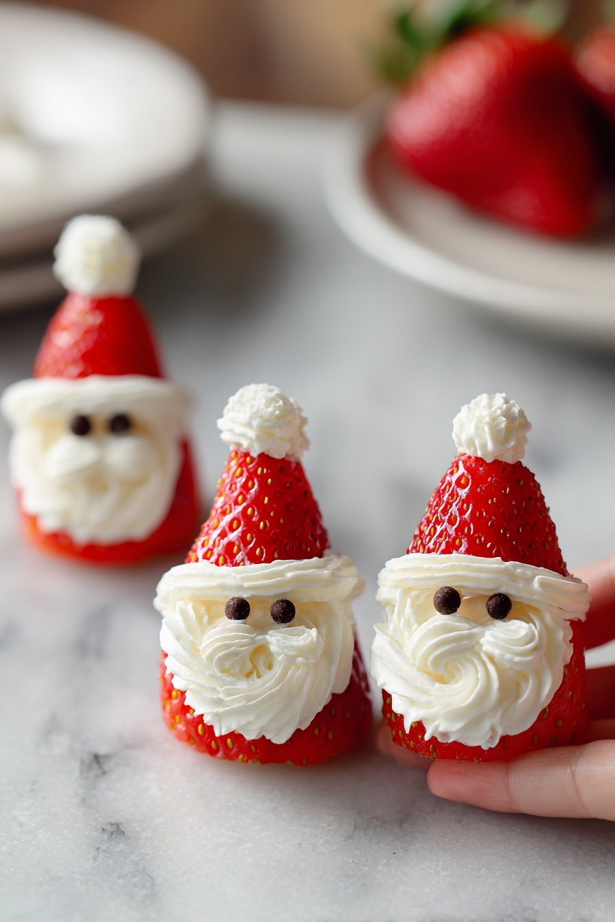 The image shows a small dessert made to look like Santa Claus, placed on a wooden table with a dusting of powdered sugar on the left side. The dessert has two layers of bright red strawberry halves at the bottom and top. Between the strawberries, there is a thick layer of white, fluffy cream shaped like a beard and around the neck area. On top of the strawberry hat is a small dollop of the white cream as a pompom. Two small dark chocolate chips serve as eyes, set on the cream. The background has soft yellow bokeh lights, shining with warm tones. photo taken with an iphone --ar 2:3 --v 7